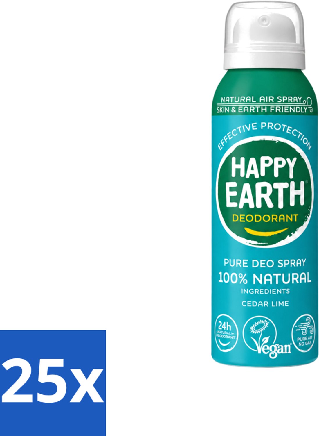 25 x Happy Earth – Deodorant Natural Air Spray – 100% Natuurlijk Cedar Lime – 100 ml - Voordeelverpakking - 25 stuks
