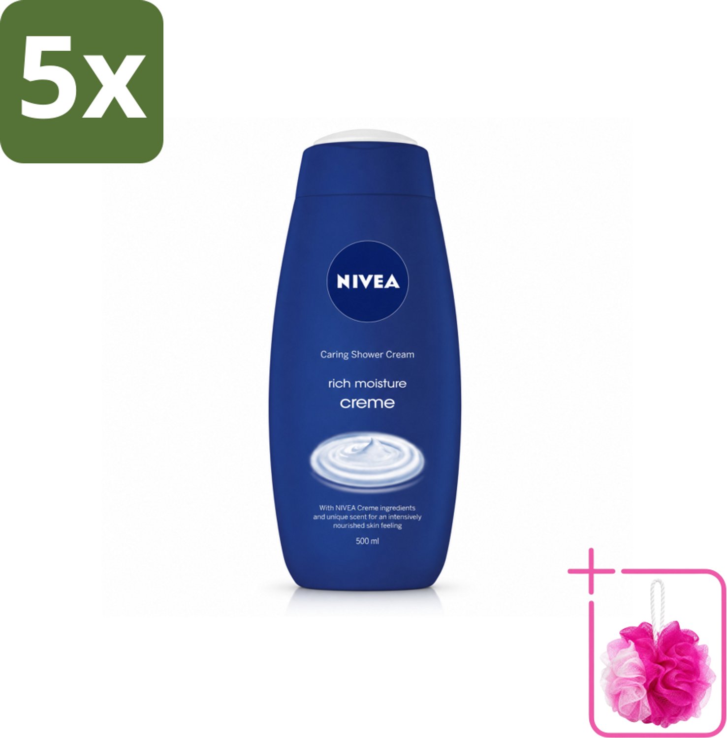5 x NIVEA - Douchecrème - Rijke Hydratatie - Voedend Huidgevoel - 500 ml - Bulkverpakking - Douchecrème - Douchemop - Voedende douchecrème