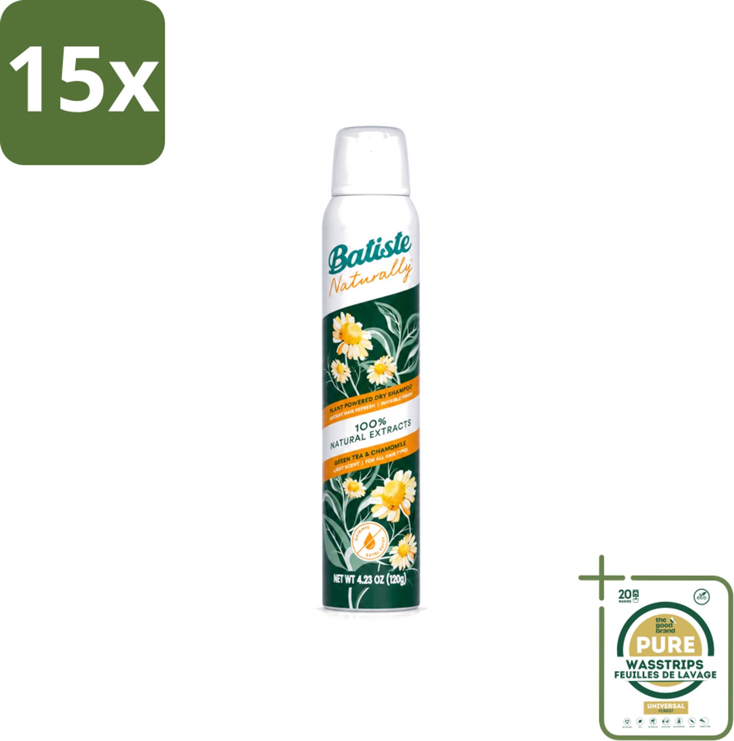 15 x Batiste - Naturally Green Tea & Chamomile - Droogshampoo - 100% Natuurlijke Extracten - Verfrist en Zuivert - 200ml - Wasstrips - Natuurlijke Haarverzorging - Droogshampoo - Groene Thee - Kamille - Haarkleur