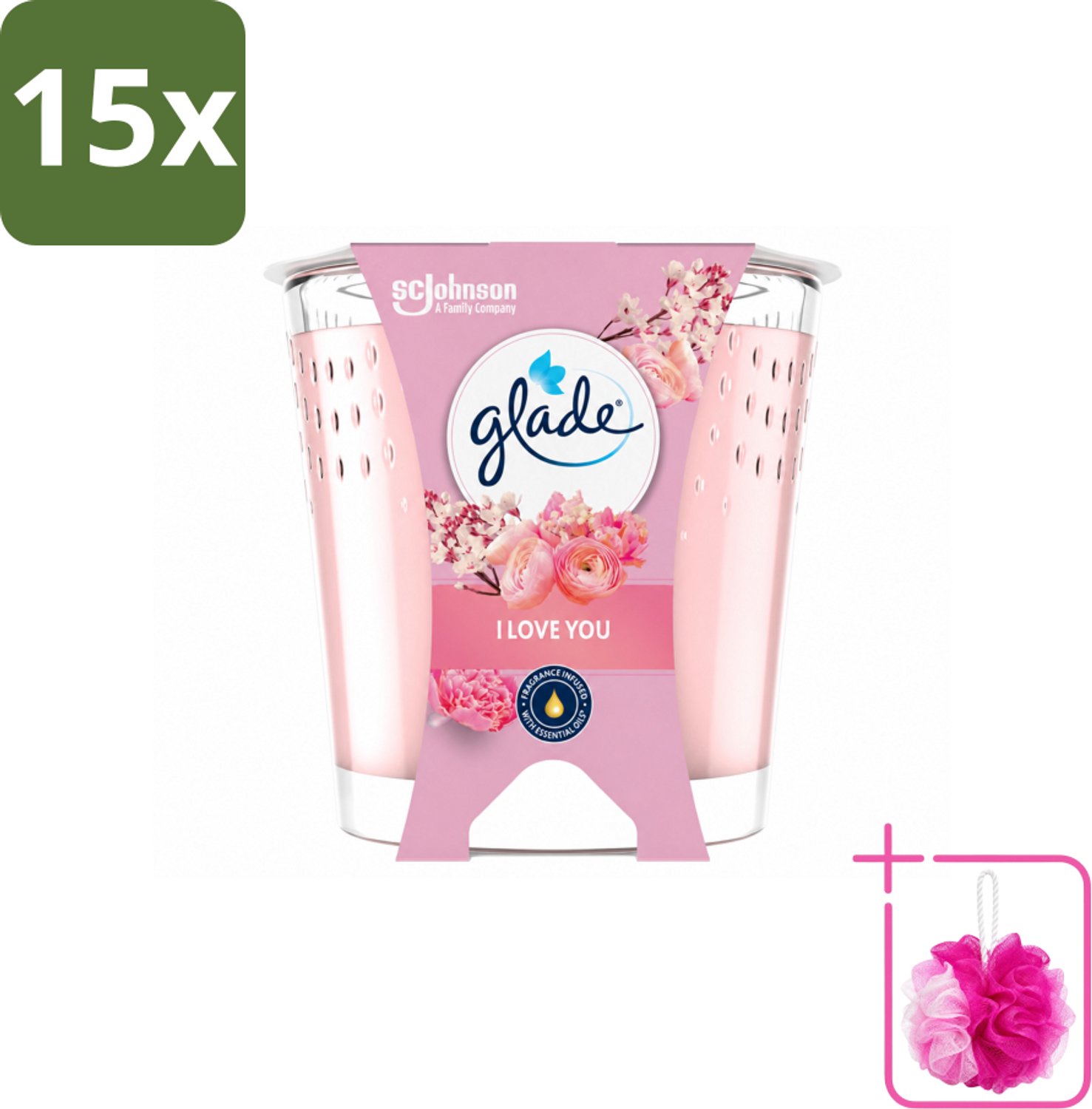 15 x Glade - Geurkaars I Love You - 100% Raapzaadwas & Vegan - 112 g - Bulkverpakking - Geurkaars - Douchemop - Vegan