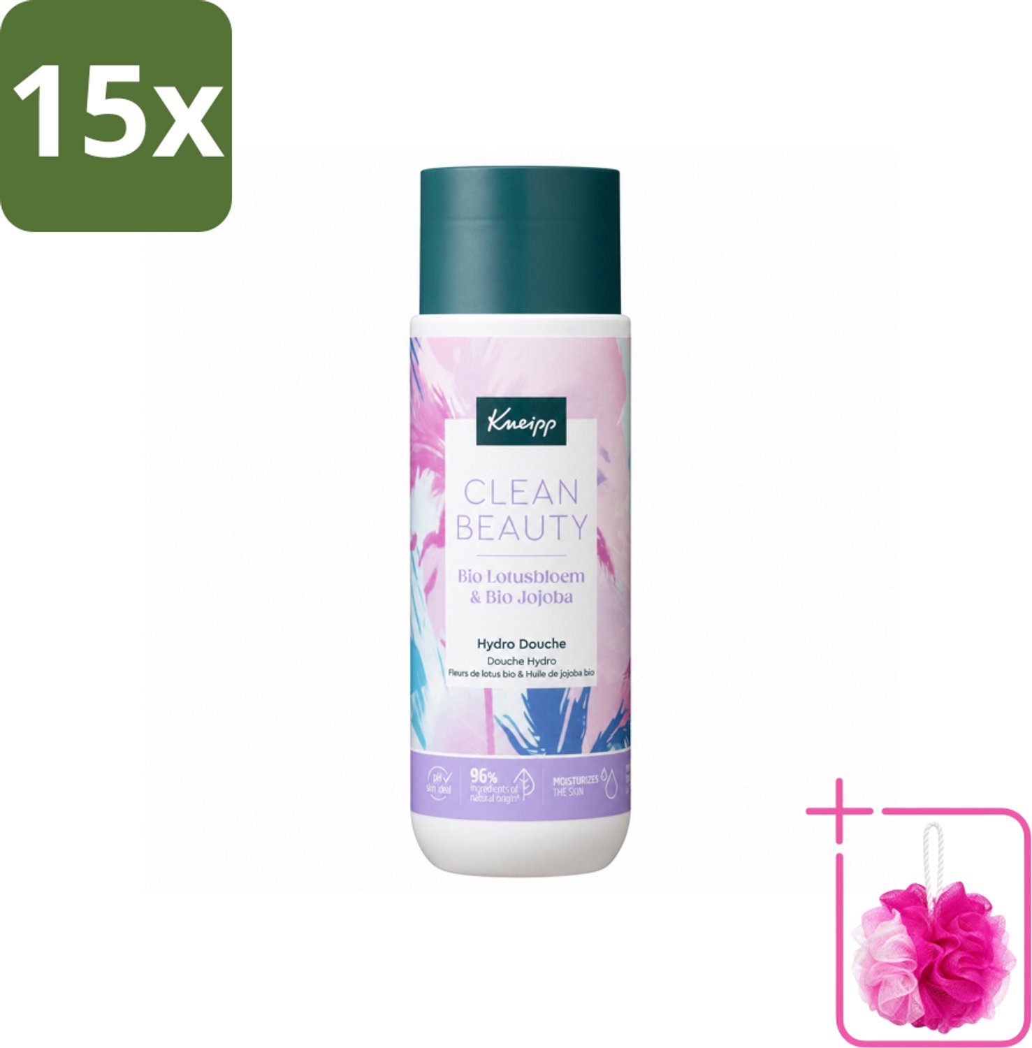 15 x Kneipp - Douchegel - Clean Beauty - Lotus & Jojoba - 200 ml - Bulkverpakking - Douchegel - Douchemop - Natuurlijke reiniging