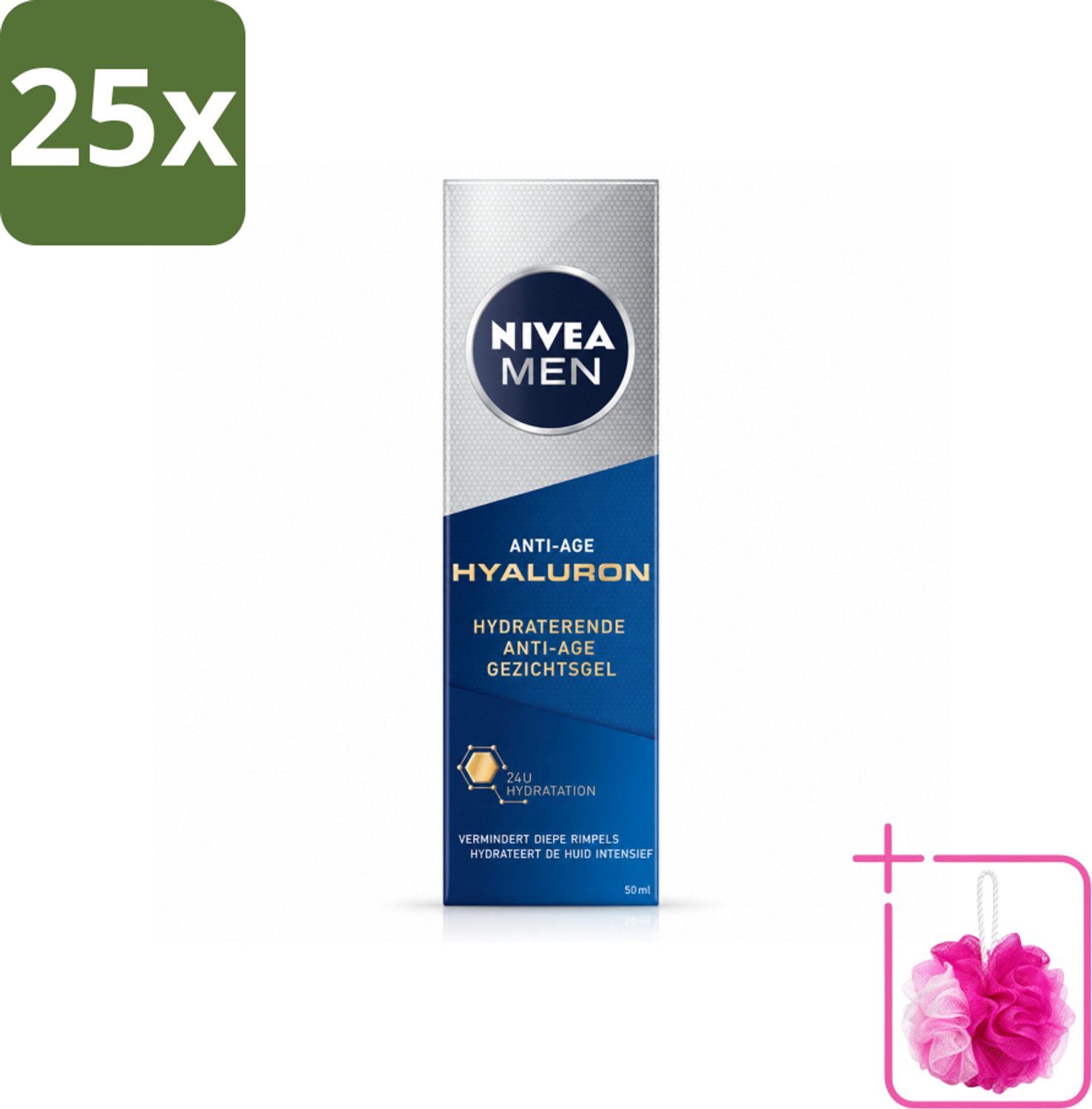 25 x NIVEA MEN - Anti-Age - Hydraterende Gezichtsgel met Hyaluron - 50 ml - Bulkverpakking - Anti-ouderdom - Douchemop - Gezichtsgel