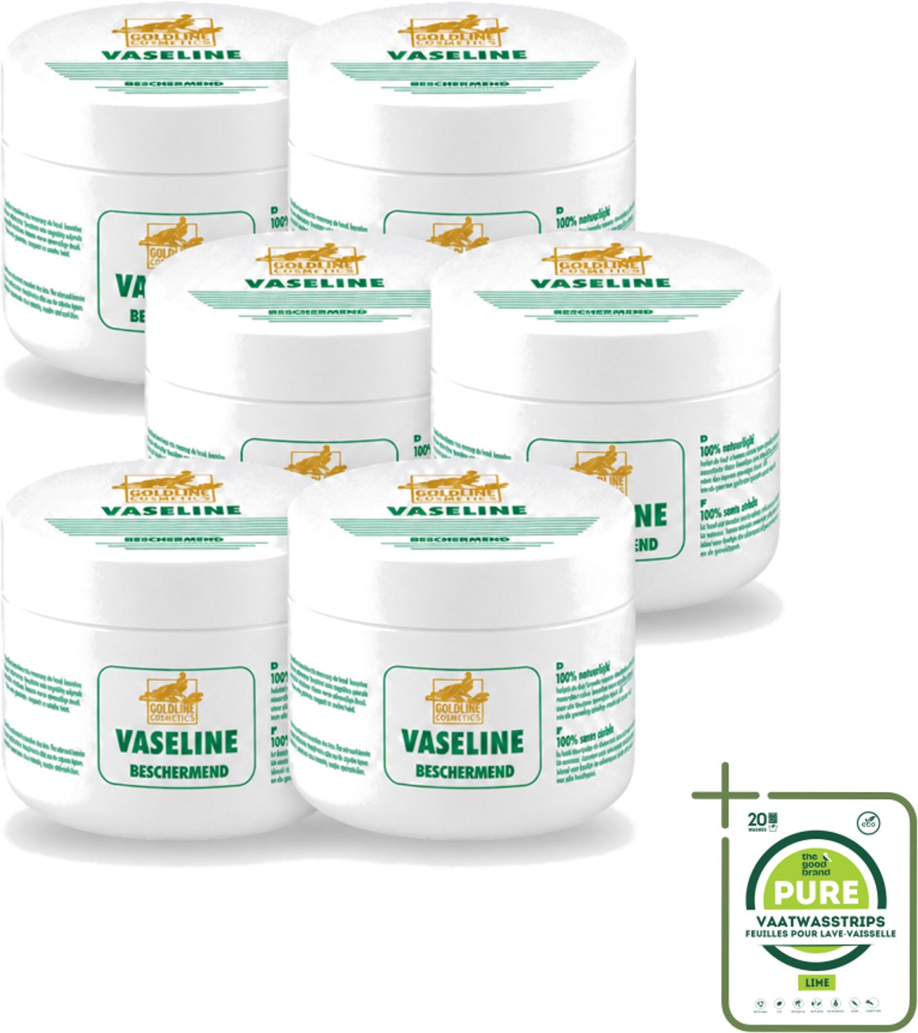 6 x Goldline - Vaseline - Huidverzorging - Beschermend & Hydraterend - 250 ml - Grootverpakking - Vaatwasstrips - Bodycrème - Hydratatie - Bescherming - Huidverzorging - Vocht Vasthouden