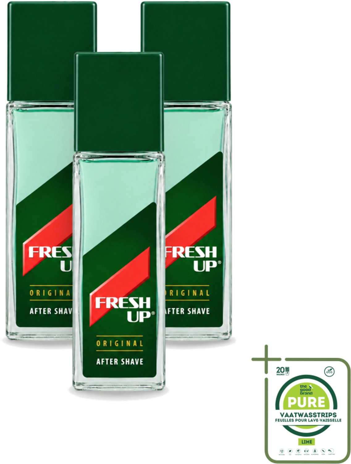 3 x Fresh Up - Aftershave Lotion - Original - for Men - 100 ml - Grootverpakking - Vaatwasstrips - Aftershave Lotion - Scheren - Huidverzorging - Menthol - Hamamelis