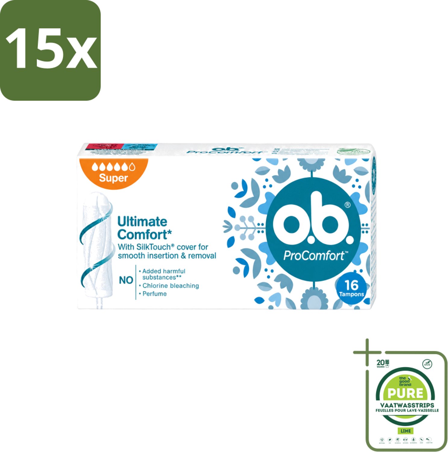 15 x o.b. Tampons - ProComfort Super - Voor Comfort en Zachte Bescherming - 16 Tampons - Grootverpakking - Vaatwasstrips - Tampons - Menstruatiebescherming - Comfort - Zachte Bescherming - Plantaardige Kern