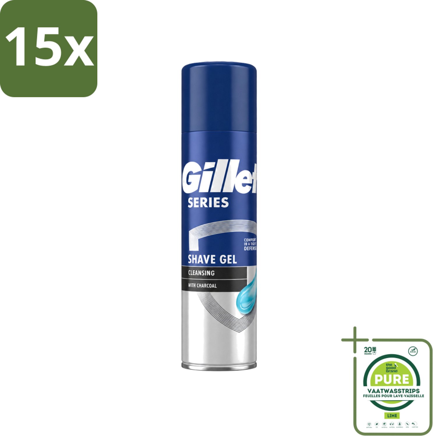 15 x Gillette Series - Scheergel - Cleansing - Charcoal - Verfrissend en reinigend - 200 ml - Grootverpakking - Vaatwasstrips - Scheergel - Houtskool - Menthol - Reinigen - Schuim