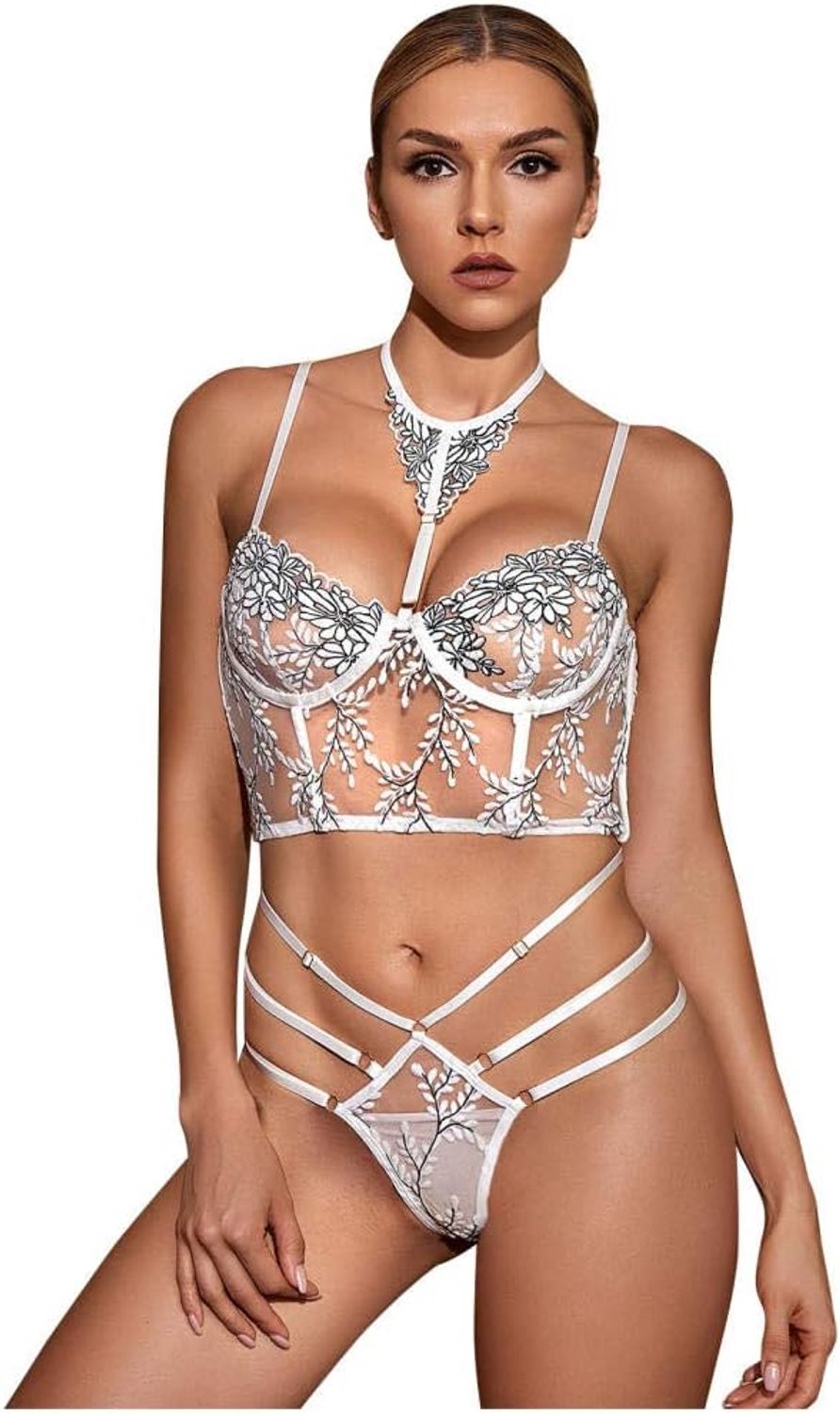 Dameskostuums Vrouwen Borduurwerk Kant Lingerie Transparant Sexy Ondergoed Holle Nachtkleding Lingerie set-Blanco_XL