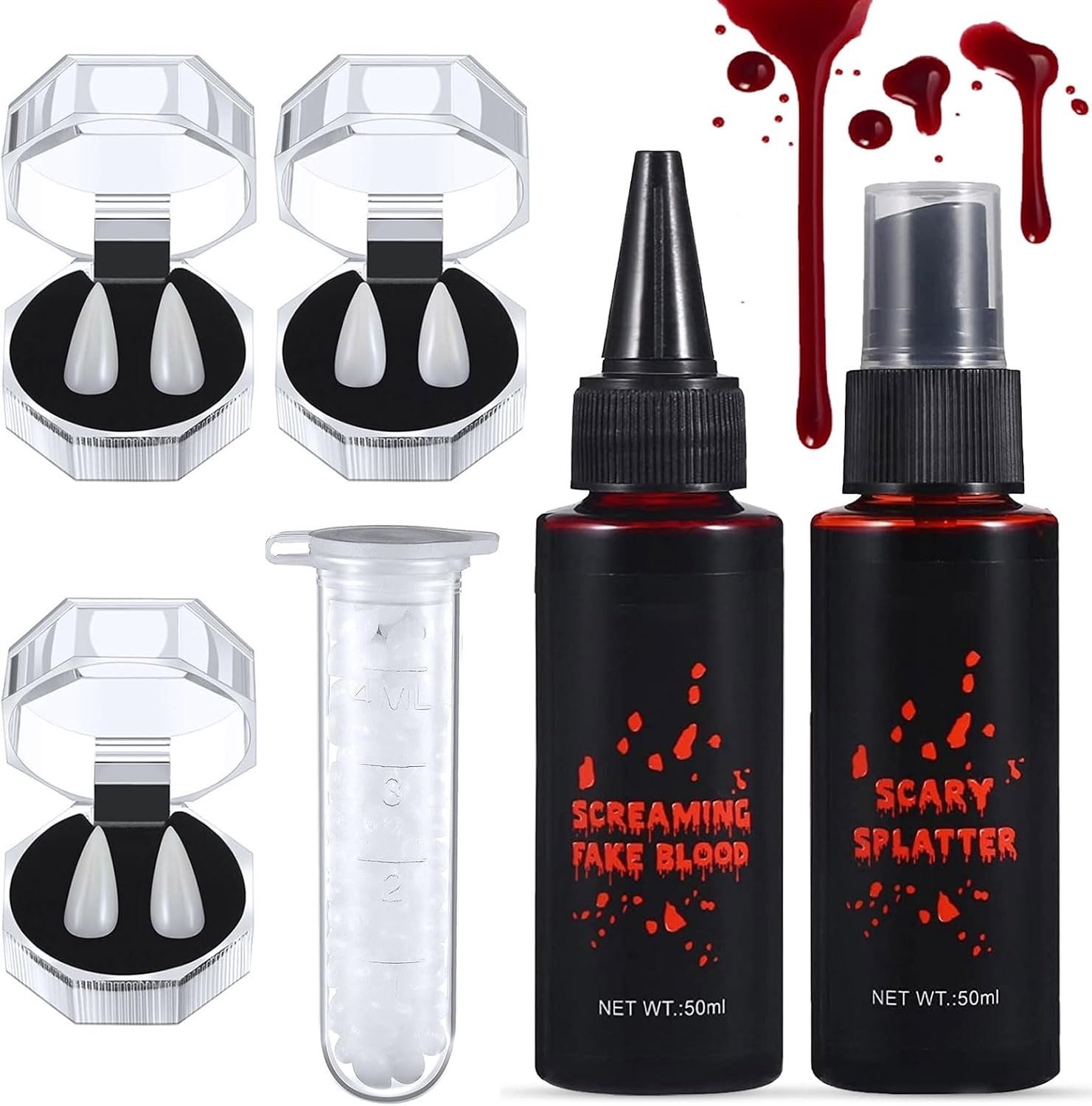Vampiertanden set van 5 stuks voor Halloween, realistische nepbloed tanden, cosplay accessoires en zombie kostuum benodigdheden