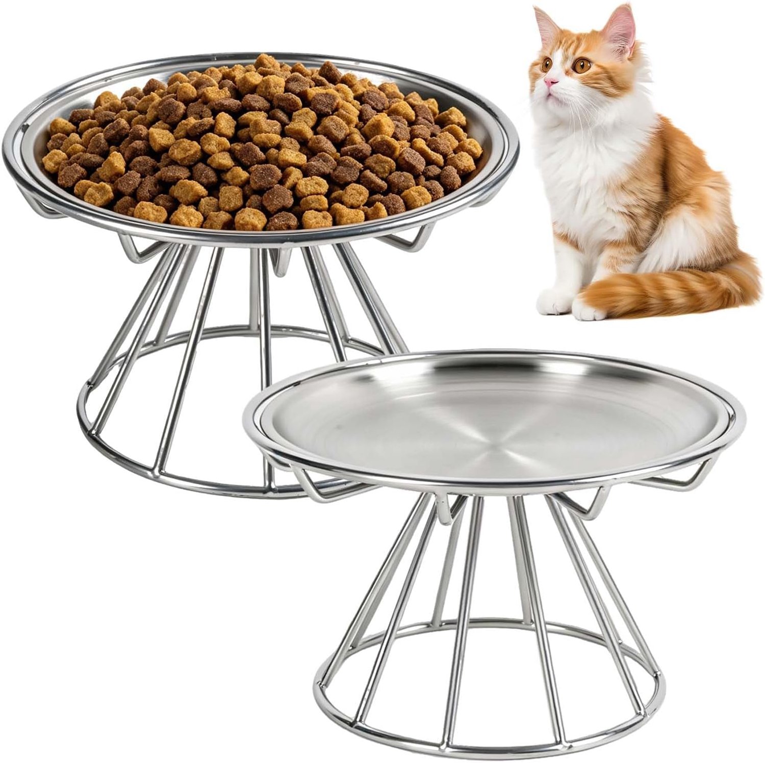 Voerbak voor katten, roestvrij staal, 2 stuks, 15 cm, met houder