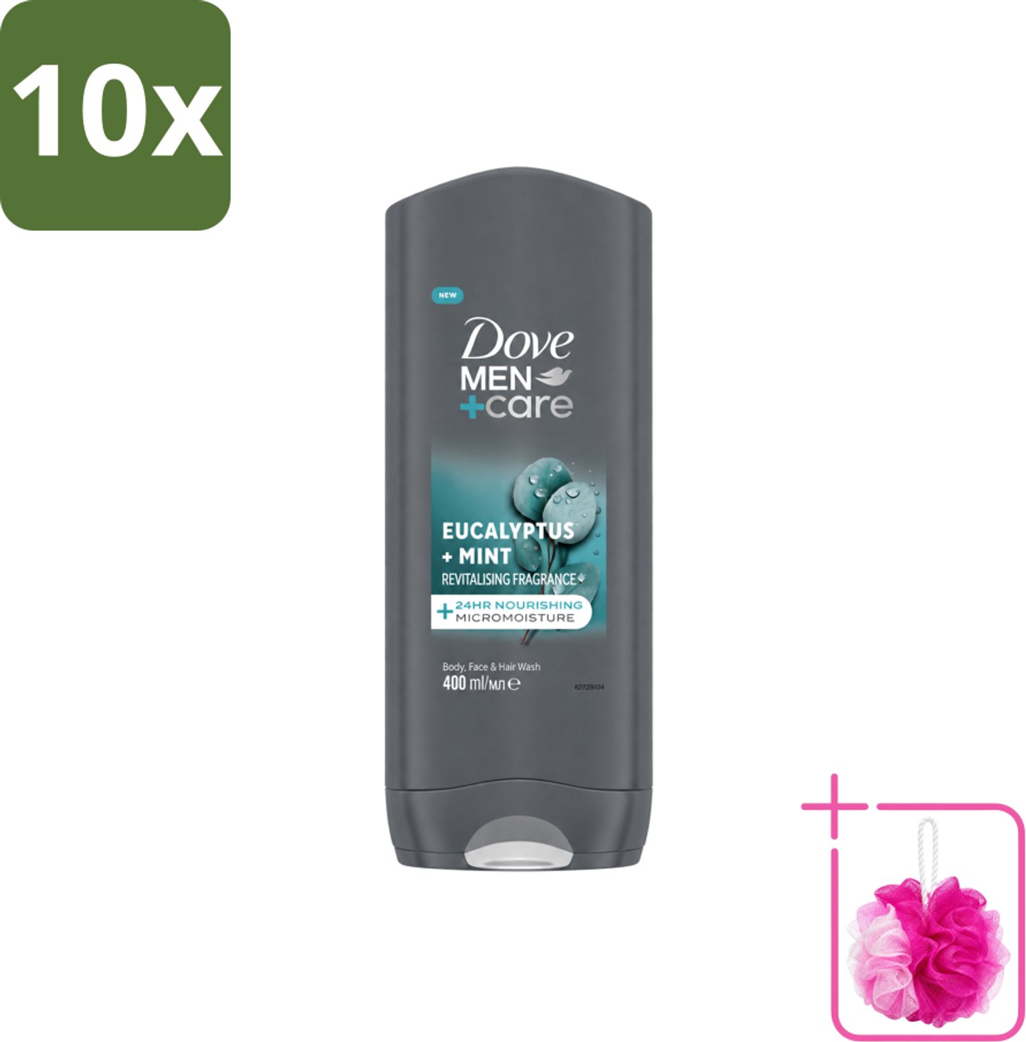 10 x Dove - Douchegel - Men+ Care Eucalyptus + Mint - Verfrissend en kalmerend - 400 ml - Bulkverpakking - Douchegel voor mannen - Douchemop - Eucalyptus en munt