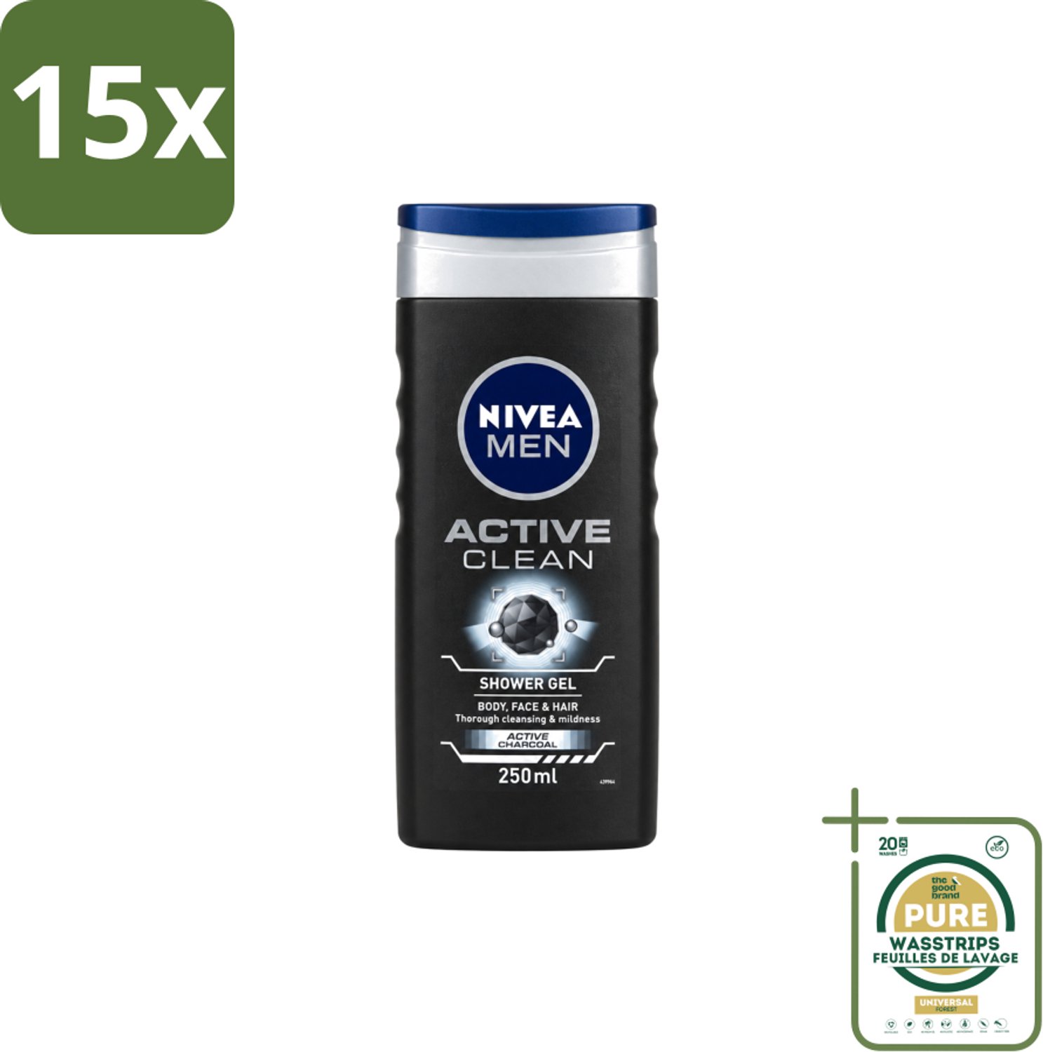 15 x Nivea Men – Douchegel – Active Clean – 250 ml - Wasstrips - Douchegel Mannen - Actieve Houtskool - Reiniging Huid - Vuil Verwijderen - Talg Verwijderen