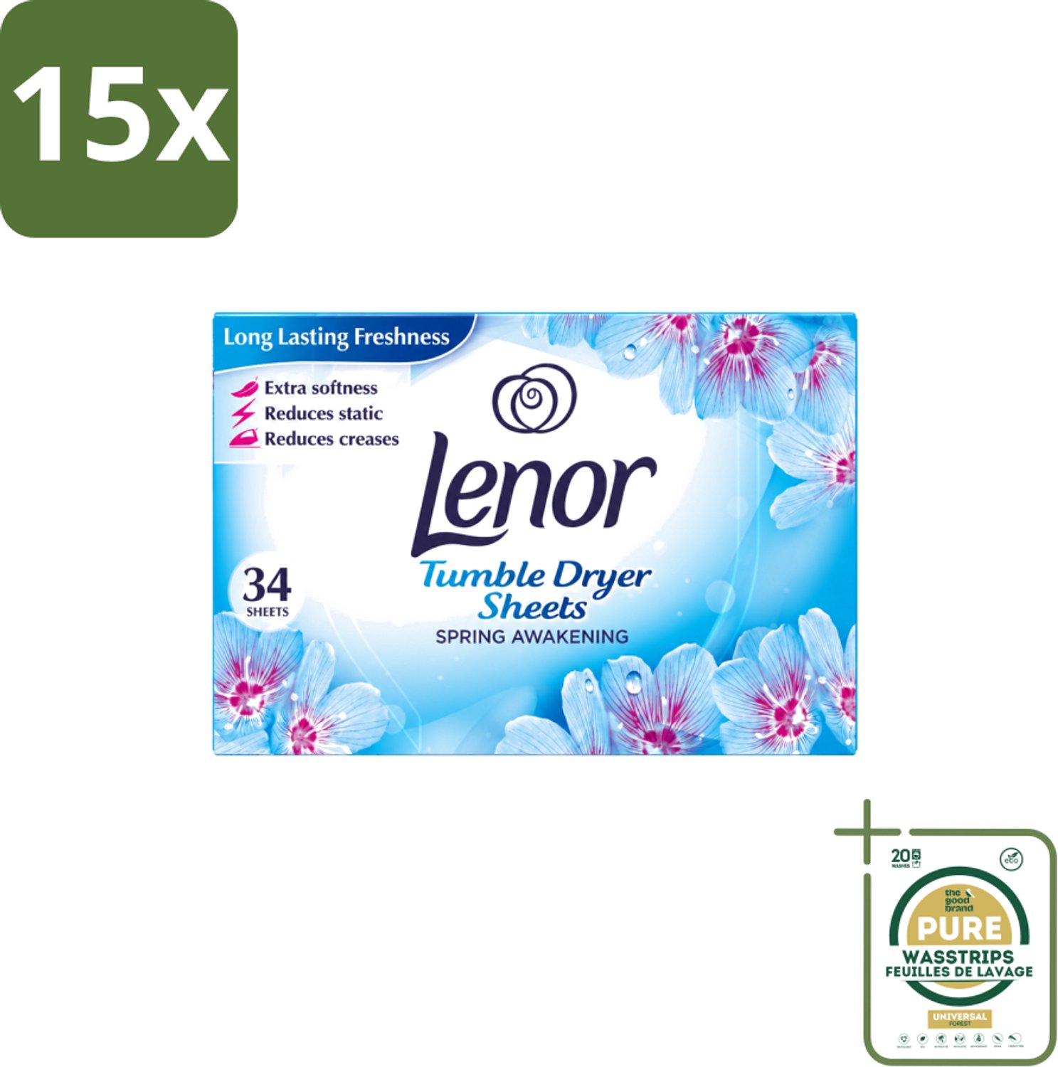 15 x Lenor - Droogtrommeldoekjes - Spring Awakening - 34 Doekjes - Wasstrips - Droogtrommeldoekjes - Droogtrommel - Frisheid - Voorjaar - Kleding