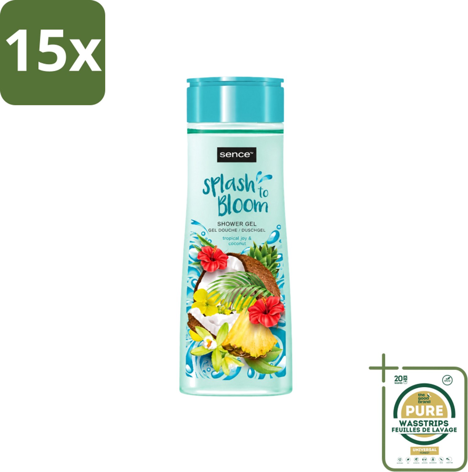 15 x Sence - Tropical Joy & Coconut - Douchegel - Exotisch - 300 ml - Wasstrips - Douchegel - Kokos - Tropisch Fruit - Exotische Geur - Huidverzorging
