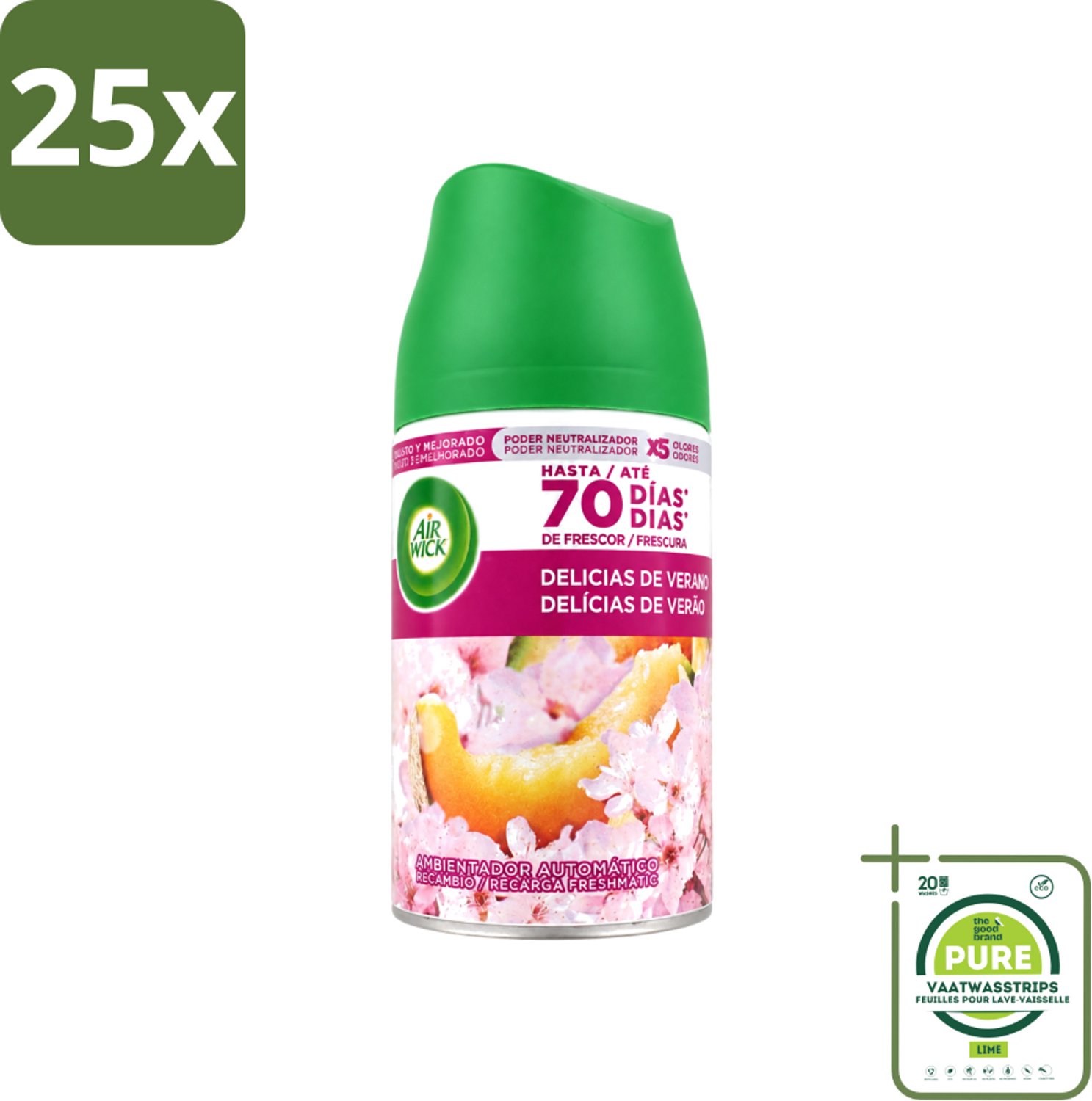 25 x Air Wick - Luchtverfrisser Navulling - Zalige Zomer - Automatische Spray - 250 ml - Grootverpakking - Vaatwasstrips - Zomerse Geur - Geurverspreider - Geurverwijdering - Geurintensiteit - Geur Dispenser