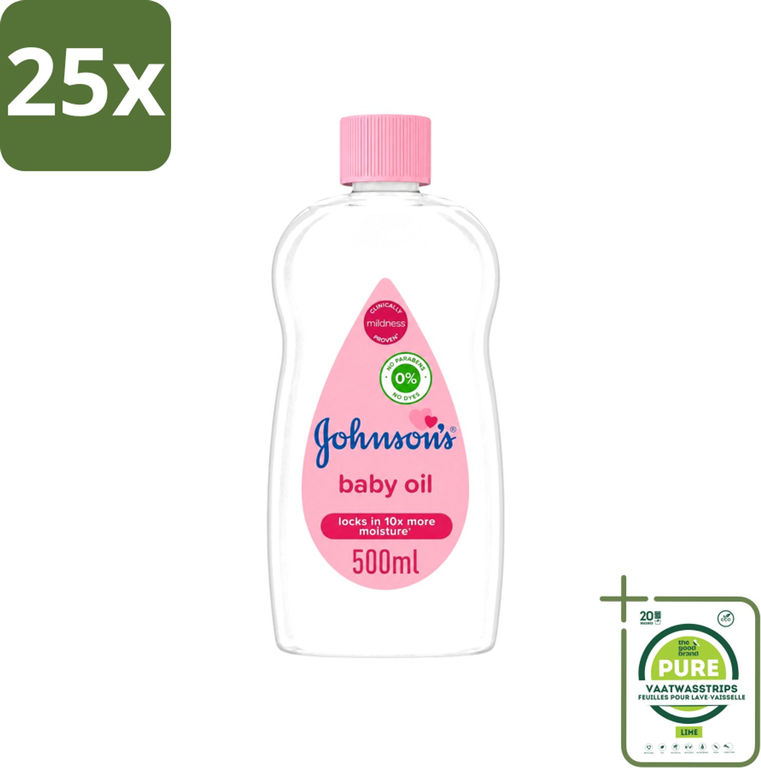 25 x Johnson's - Baby Olie - Verzachtend - Hydraterend - 500 ml - Grootverpakking - Vaatwasstrips - Babyolie - Babyhuid Verzorgen - Hydraatende Olie - Verzachtende Olie - Babymassage
