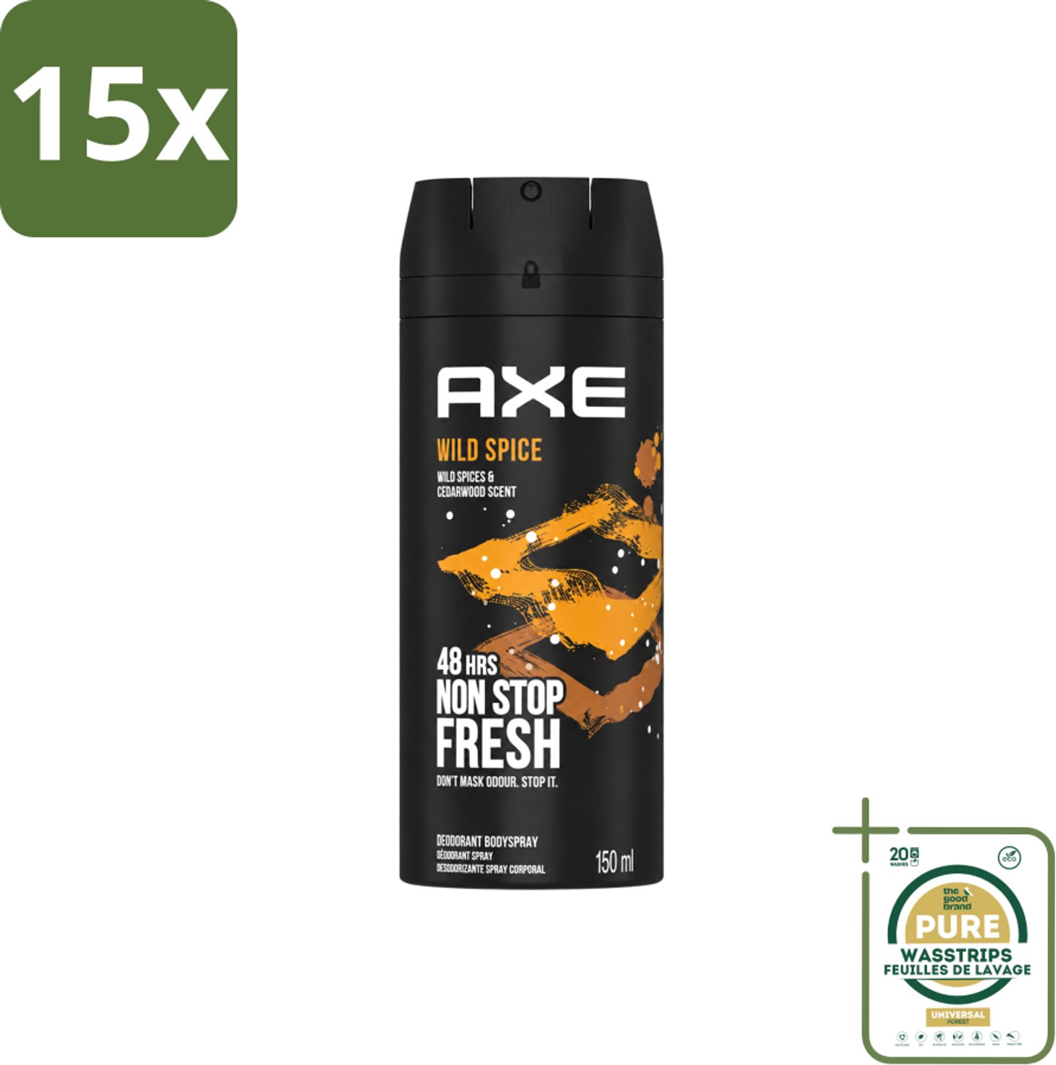 15 x Axe - Deodorant Bodyspray - 48hrs Non Stop Fresh - Wild Spice - Wild Spices & Cedarwood - 150 ml - Wasstrips - Axe Wild Spice - Deodorant Bodyspray - 48 Uur Fris - Anti-geur - Cederhout Geur