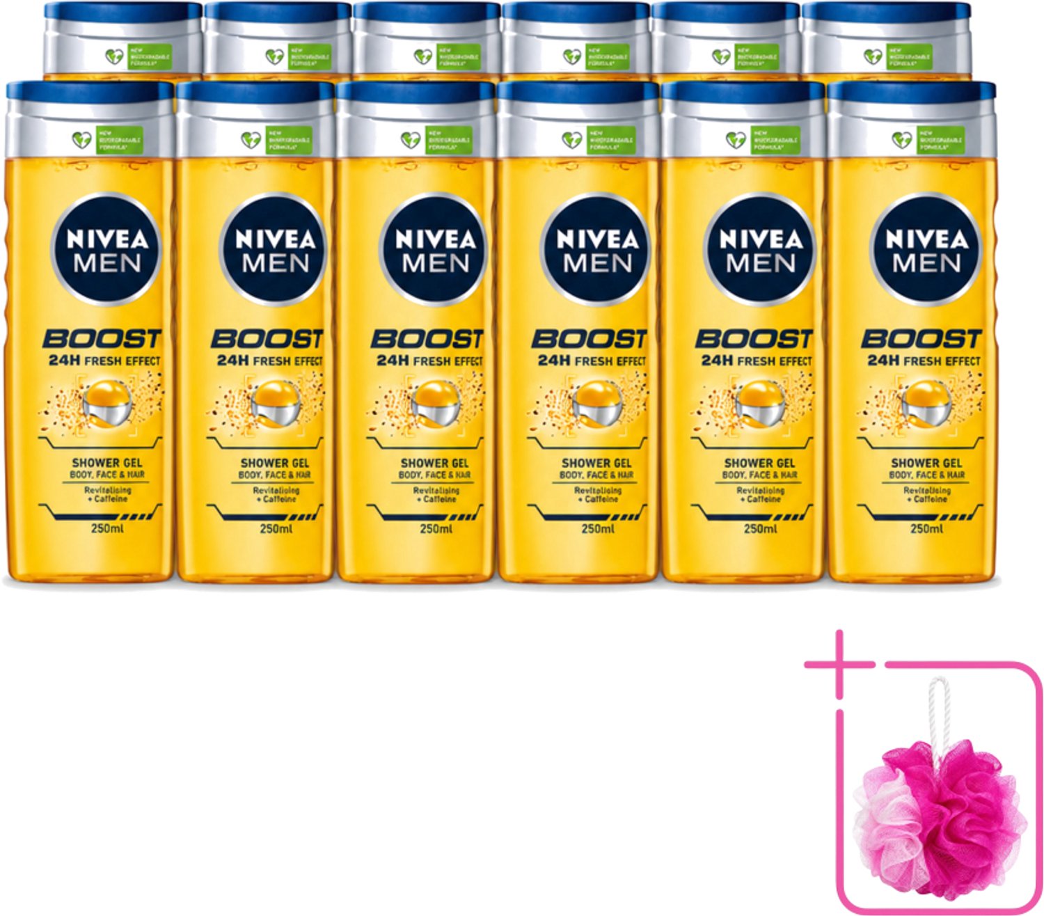 12 x Nivea - Men - Boost Douchegel - 24 Uur Lang Effect - 250 ml - Bulkverpakking - Douchegel - Douchemop - Cafeïne