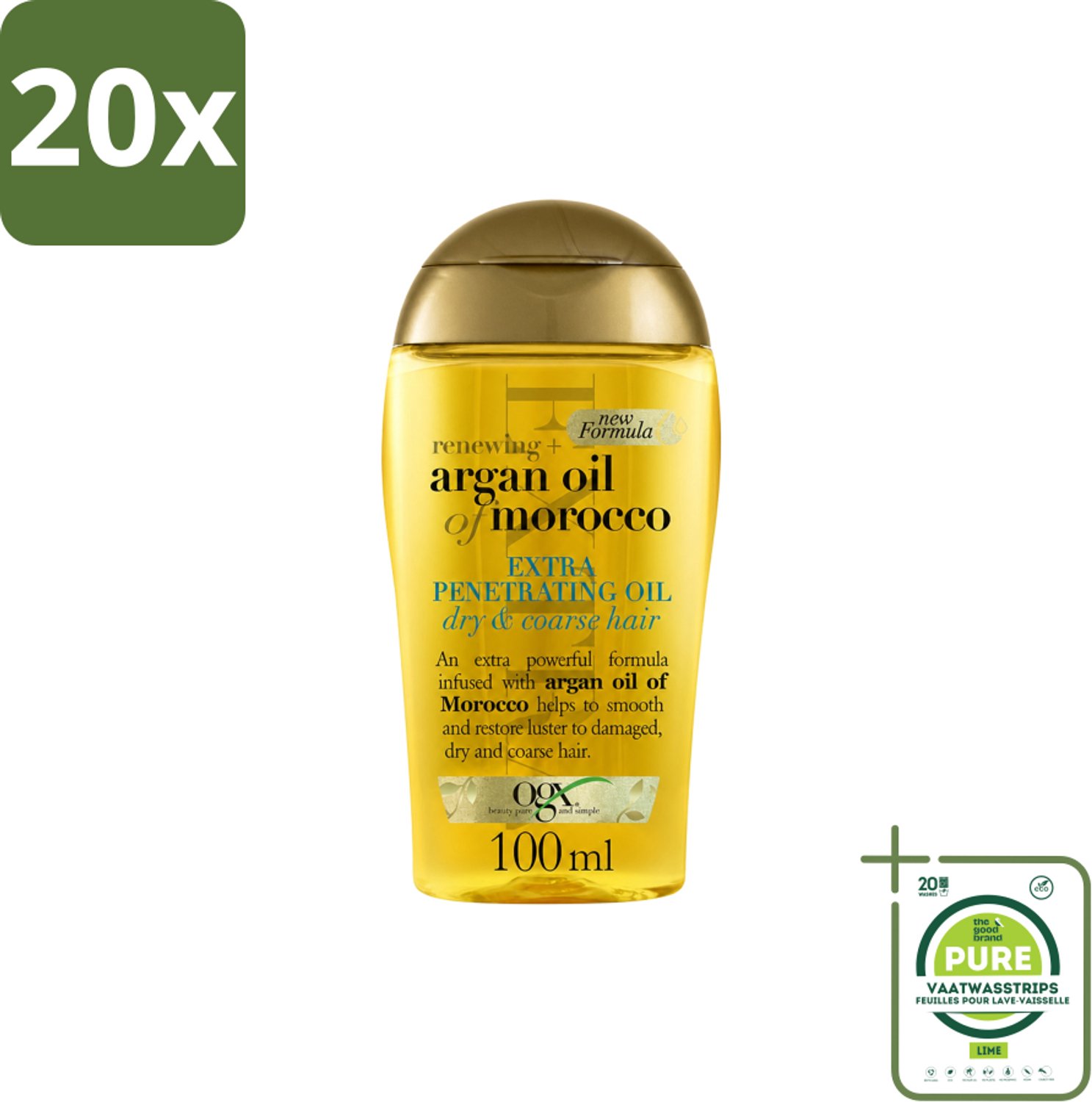20 x OGX – Haarolie – Argan Oil of Morocco Extra Penetrating – Verzorgend - Grootverpakking - Vaatwasstrips - Haartype - Haarherstel - Haarvoeding - Arganolie - Droog Haar