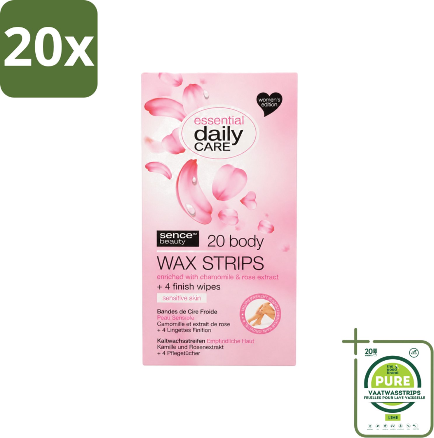 20 x Sence – Wax Strips – Lichaam – Ontharing – 20 Strips - Grootverpakking - Vaatwasstrips - Waxstrips Voor Het Lichaam - Ontharen Zonder Scheren - Gevoelige Huid - Kamille Extract - Rozenextract