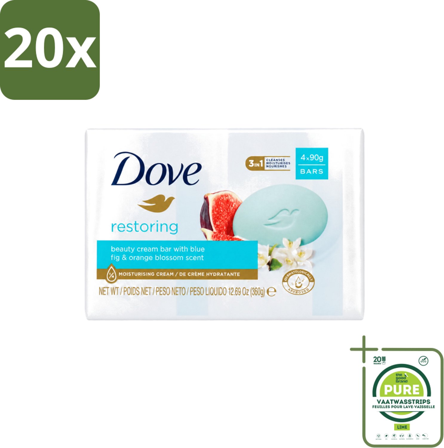 20 x Dove – Zeep – Go Fresh Restore – 4 x 90 g - Grootverpakking - Vaatwasstrips - Zeep - Handen Reinigen - Lichaam Reinigen - Frisse Geur - Mild Reinigen