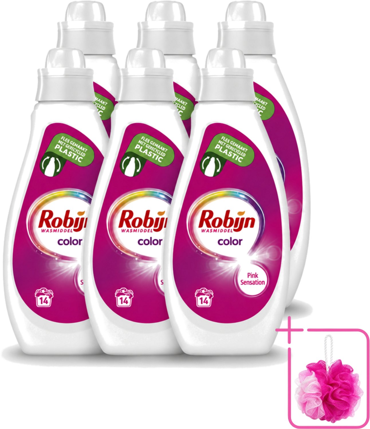 6 x Robijn - Color - Vloeibaar Wasmiddel - Pink Sensation - 14 Wasbeurten - 700 ml - Bulkverpakking - Kleurbehoud - Douchemop - Wasmiddel