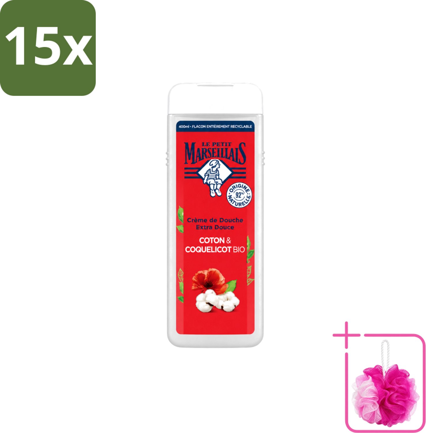 15 x Le Petit Marseillais – Douchegel – Bio Katoenmelk & Papaver – 400 ml - Bulkverpakking - Douchegel bio - Douchemop - Katoenmelk