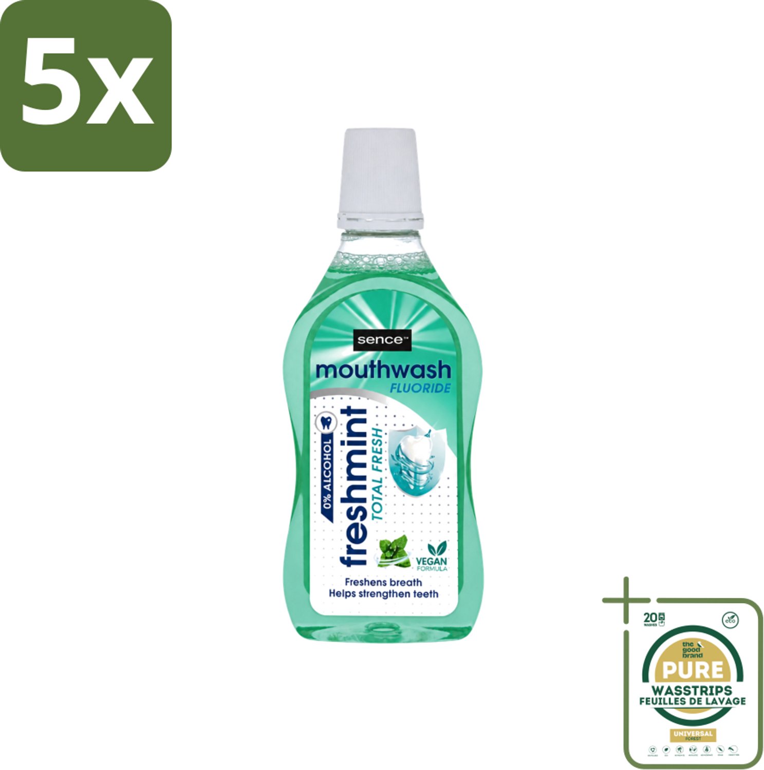 5 x Sence - Fresh Freshmint - Mondwater - Fris & Muntig - 500 ml - Wasstrips - Mondwater - Mondverzorging - Frisse Adem - Tandplak - Mintsmaak
