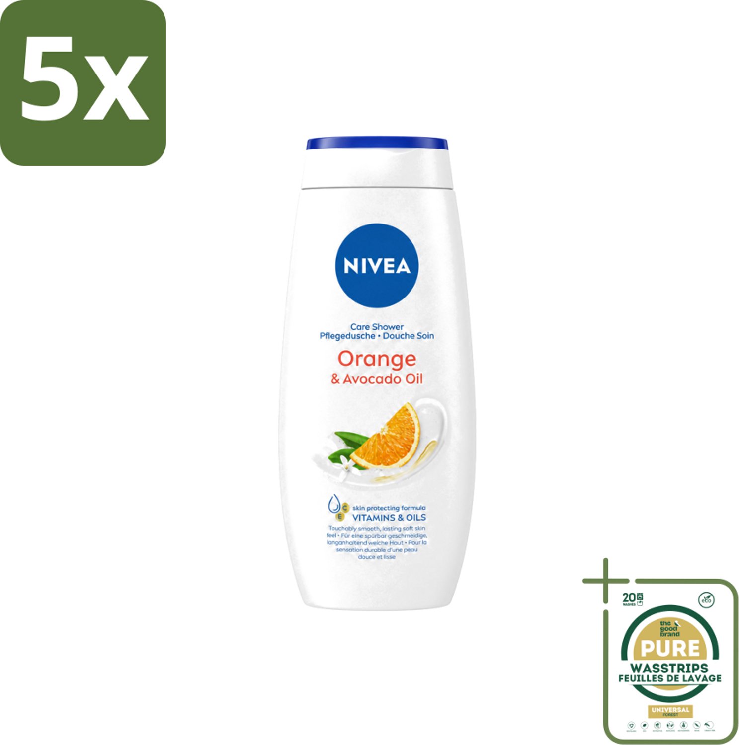 5 x Nivea - Douchegel - Orange - Voelbaar Gladde Huid - 250 ml - Wasstrips - Douchegel - Huid Verzorgen - Bamboemelk - Sinaasappelgeur - Voelbaar Gladde Huid