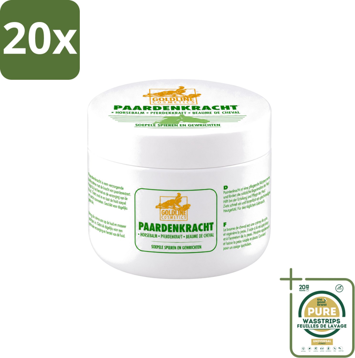 20 x Goldline - Bodycrème - Paardenkracht - Herstel & Verzorging - 250 ml - Wasstrips - Bodycrème - Herstel - Huidverzorging - Spierherstel - Hydratatie