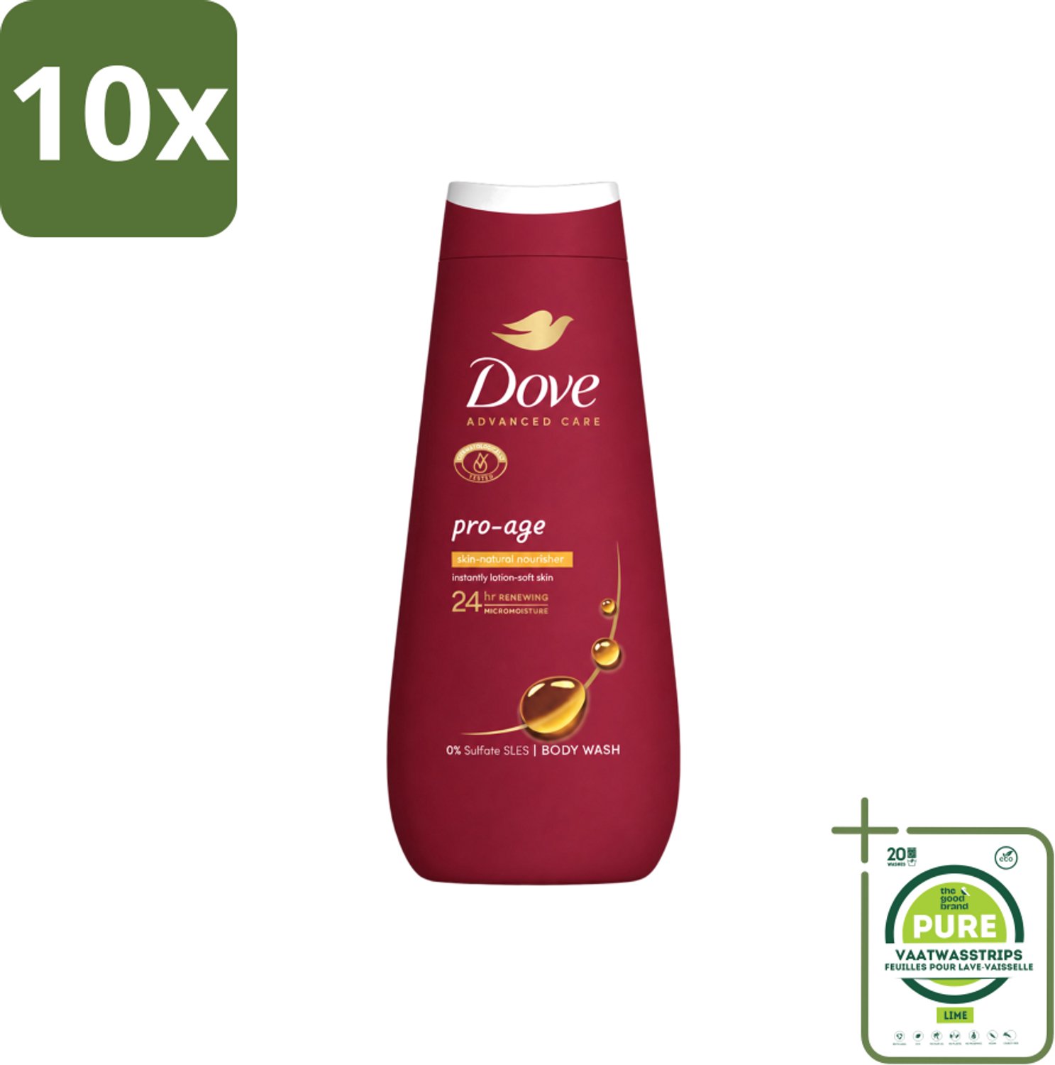 10 x Dove – Douchegel – Pro Age Body Wash – 400 ml - Grootverpakking - Vaatwasstrips - Douchegel Voor Rijpere Huid - Huidverzorging - Hydraterende Crème - Huidbarrière - Sulfaatvrije Douchegel