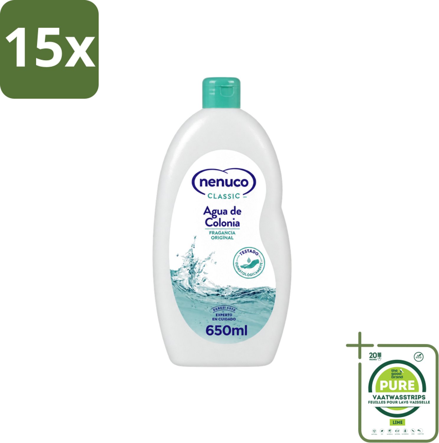 15 x Nenuco – Eau de Cologne – Klassiek – 650 ml - Grootverpakking - Vaatwasstrips - Agua De Colonia - Kinderparfum - Frisheid - Poederige Geur - Citrus