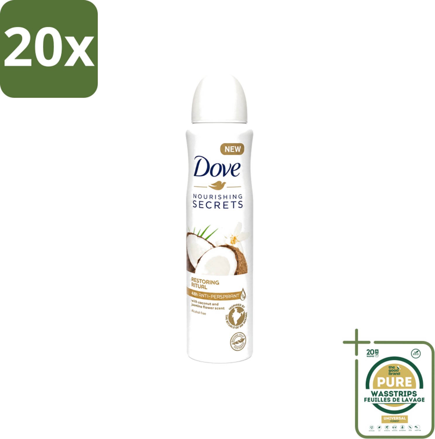 20 x Dove – Deodorant Spray – Restoring Ritual Cocos & Jasmijn – 150 ml - Wasstrips - Deodorant Spray - Kokos En Jasmijn - Alcoholvrije Deodorant - Huidverzorging - Okselverzorging