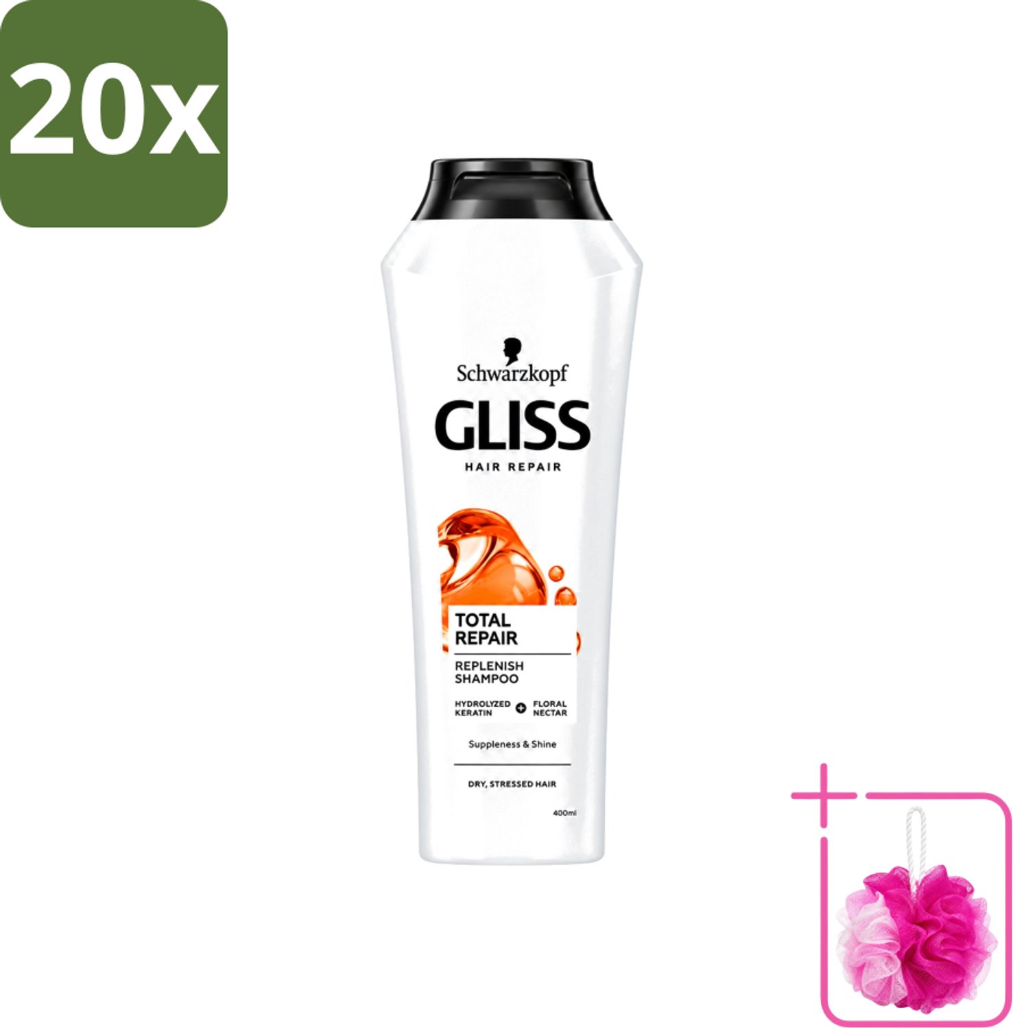20 x Gliss-Kur - Shampoo - Total Repair - Herstelt & Versterkt - Gehydroliseerd - 400 ml - Bulkverpakking - Haar herstellen - Douchemop - Haar versterken