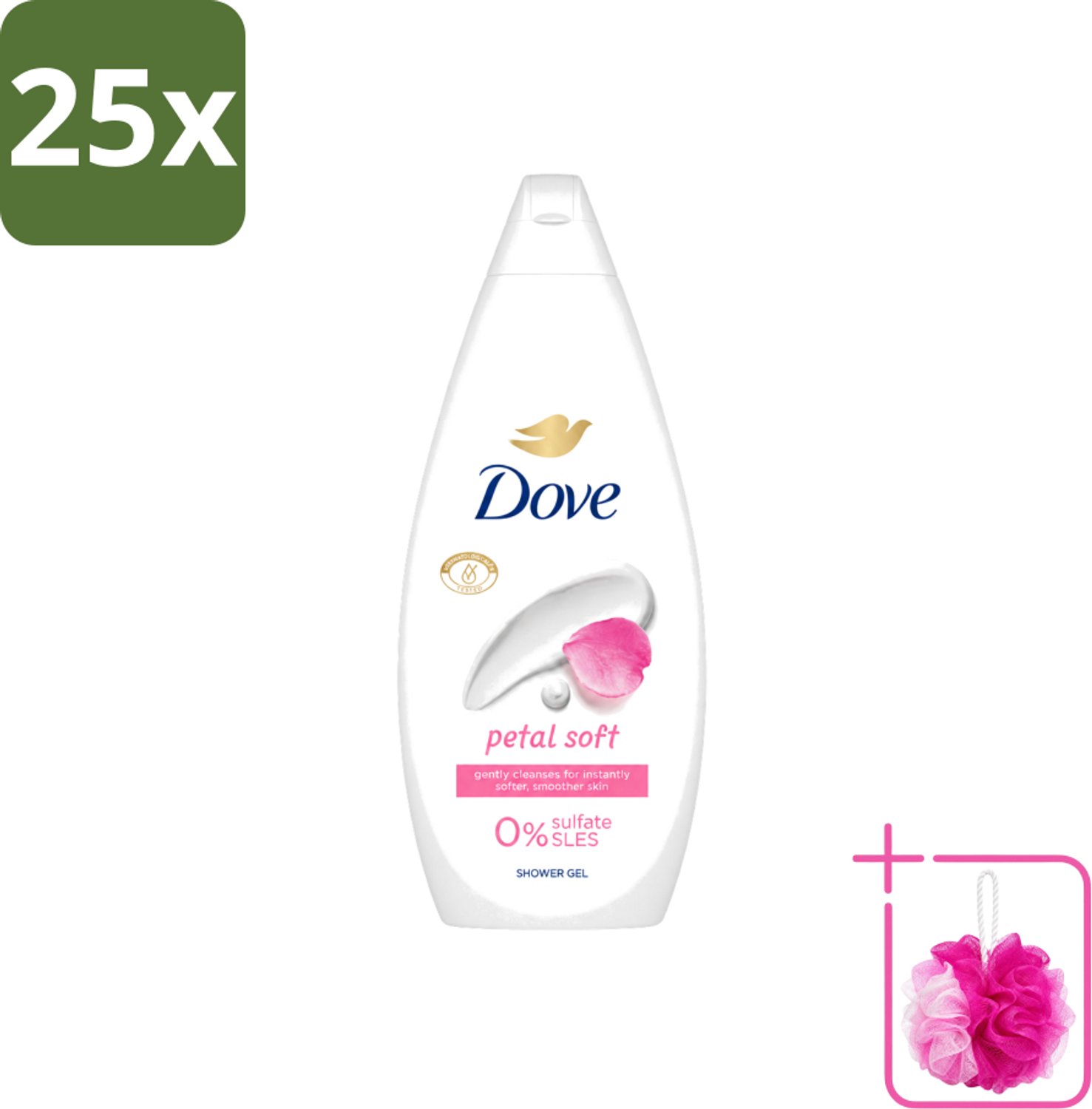 25 x Dove Petal Soft - Douchegel - Sulfaatvrij - 250 ml - Bulkverpakking - Douchegele - Douchemop - Zachte reiniging
