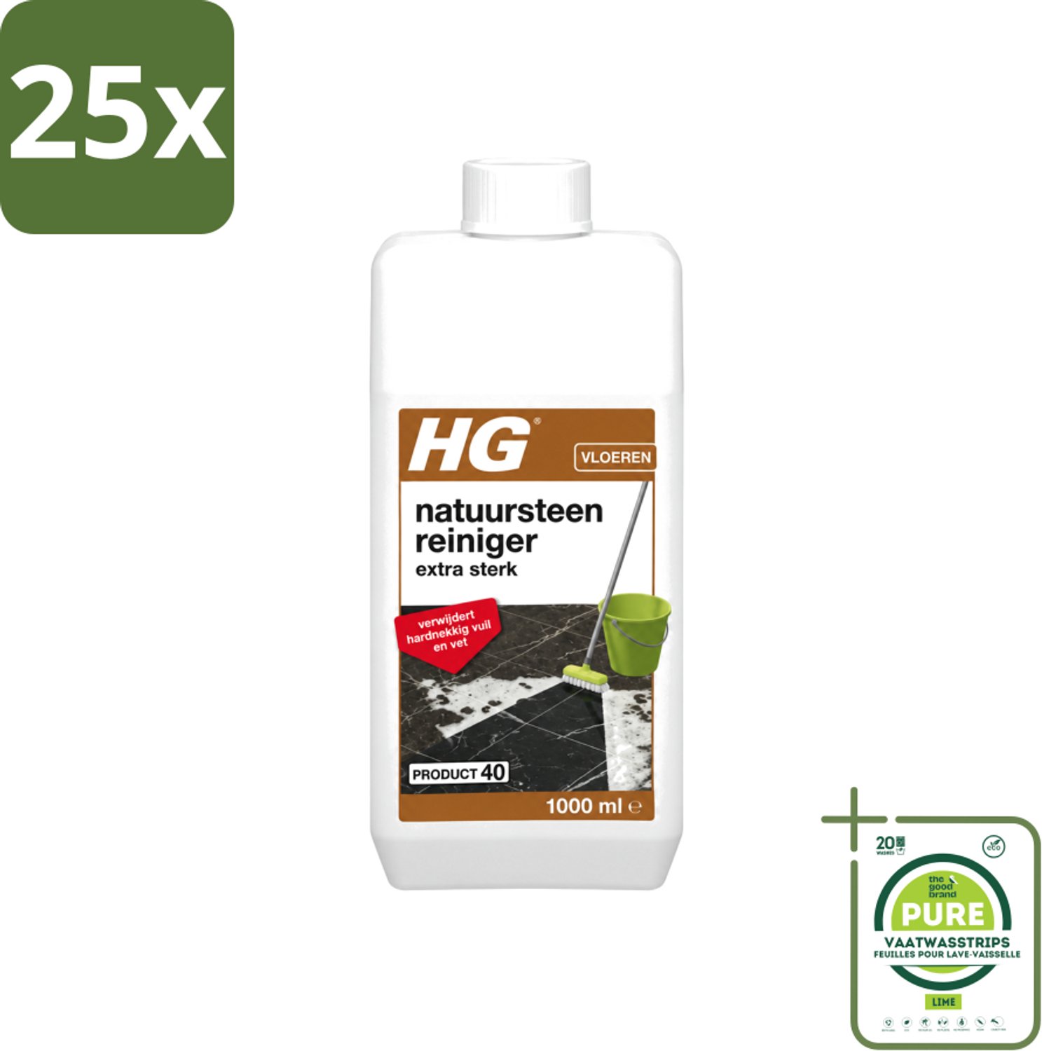 25 x HG - Natuursteenreiniger - Extra Sterk - Verwijdert Hardnekkig Vuil & Vet - 1L - Grootverpakking - Vaatwasstrips - Natuursteen Reinigen - Vet Verwijderen - Natuursteen Reiniger - Marmer Reinigen - Travertin Reinigen