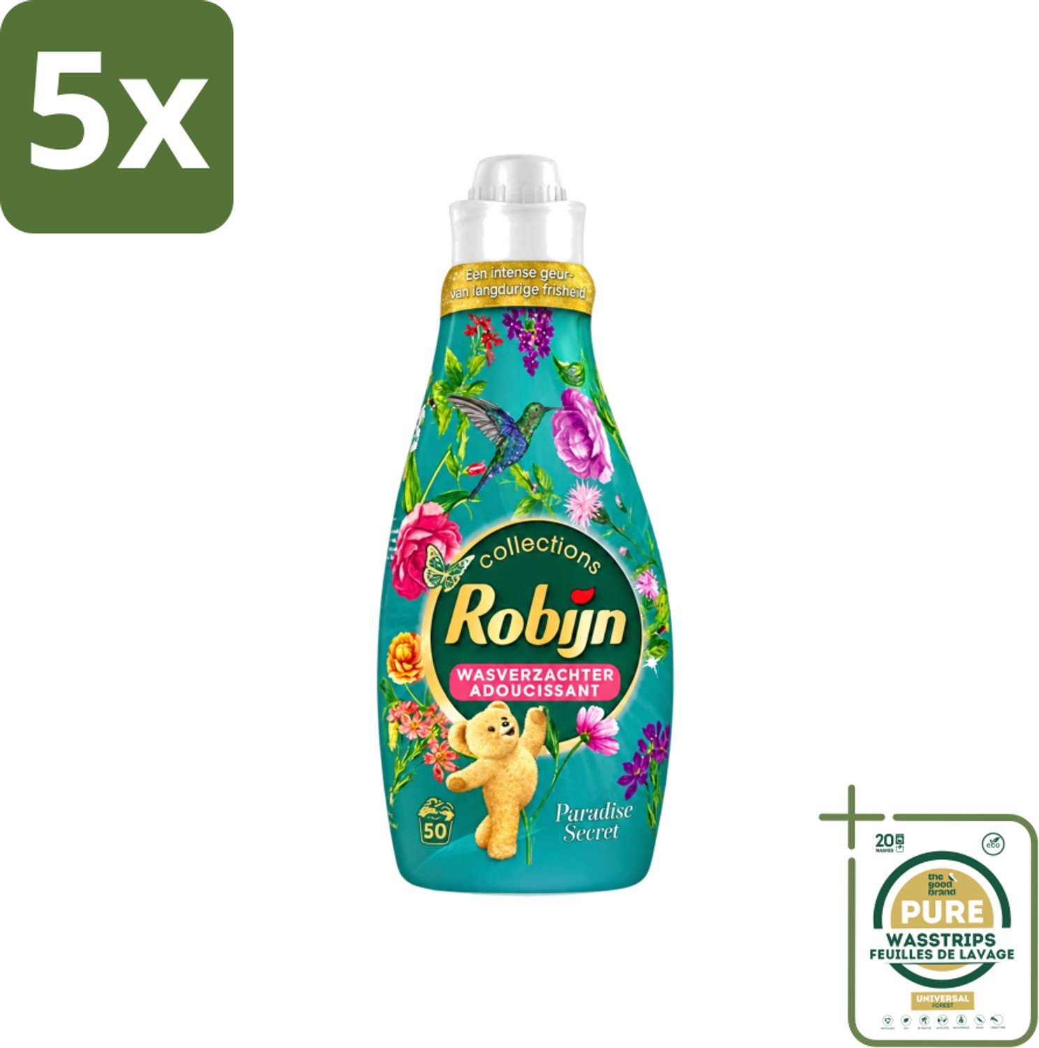 5 x Robijn Collections - Wasverzachter - Paradise Secret - 1,25L - 50 Wasbeurten - Wasstrips - Wasverzachter - Luxe Wasverzachter - Parfum Wasverzachter - Zijdezachte Wasverzachter - Wasverzachter Voor Kleding