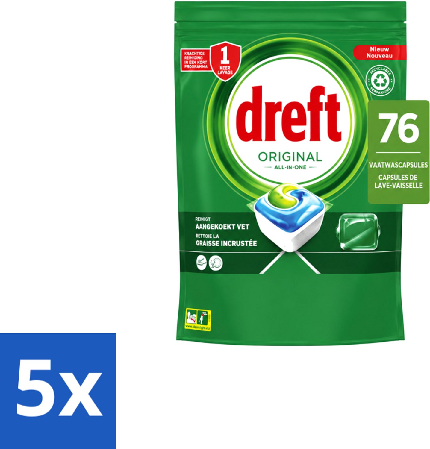 5 x Dreft – Vaatwascapsules – Original All-in-One – 76 Capsules - Voordeelverpakking - 5 stuks
