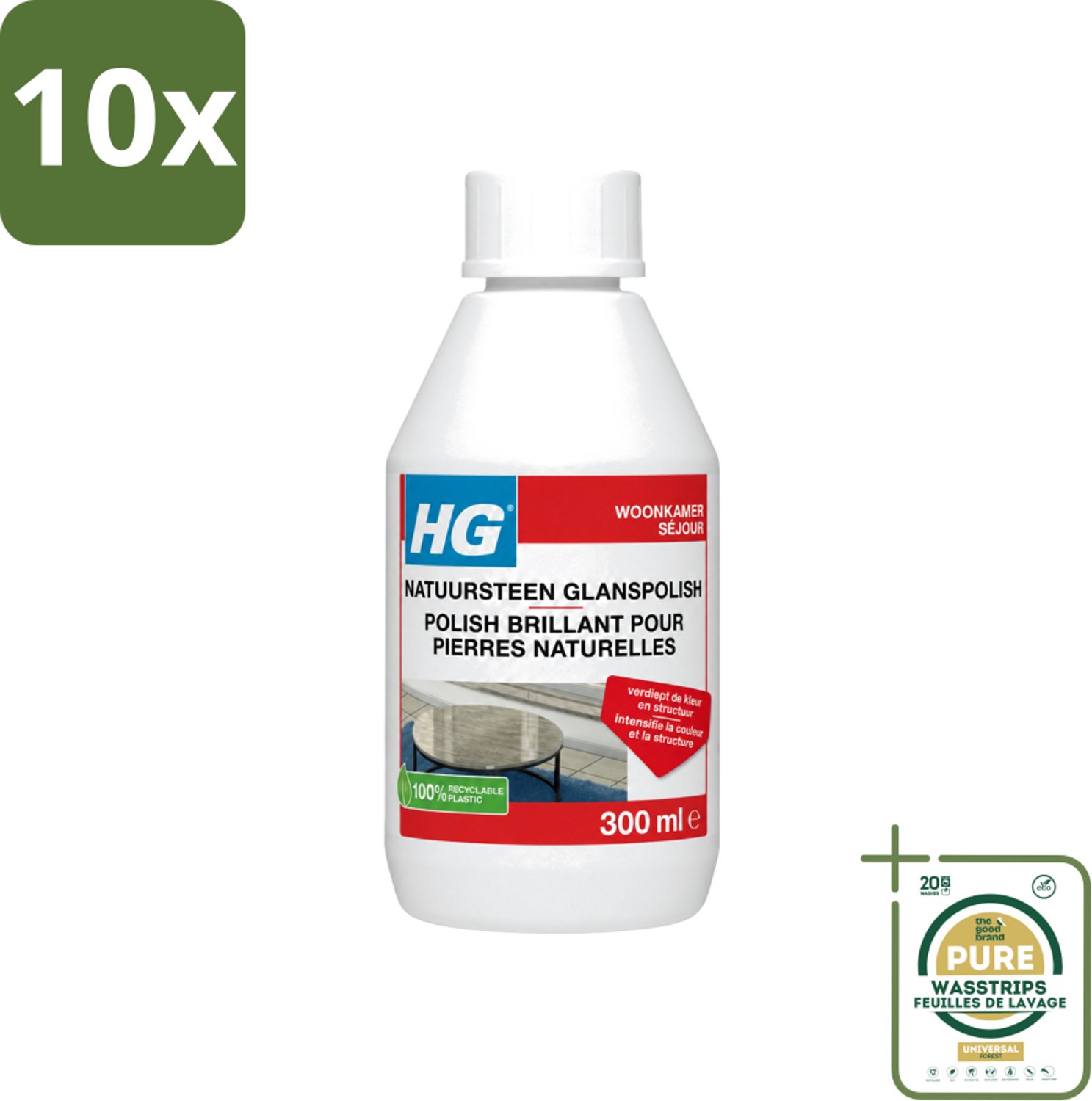 10 x HG - Natuursteen Glans Polish - Kleur & Structuur Verdiepend - 300 ml - Wasstrips - Natuursteen Polish - Glanspolish - Natuursteen Onderhoud - Steen Reinigen - Steen Beschermen