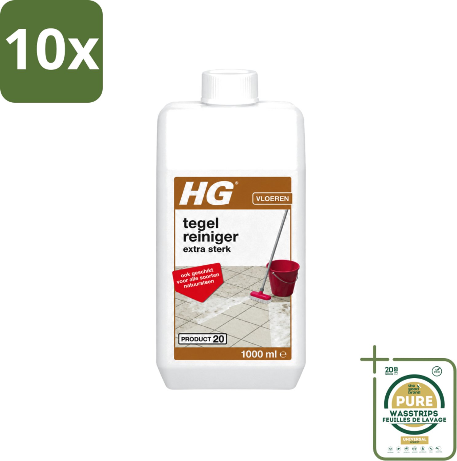 10 x HG - Vloeren - Tegelreiniger Extra Sterk - Geschikt Voor Alle Soorten Natuursteen - 1L - Wasstrips - Tegelreiniger - Natuursteen Reinigen - Vetvlekken Verwijderen - Kalk Verwijderen - Vloer Reinigen