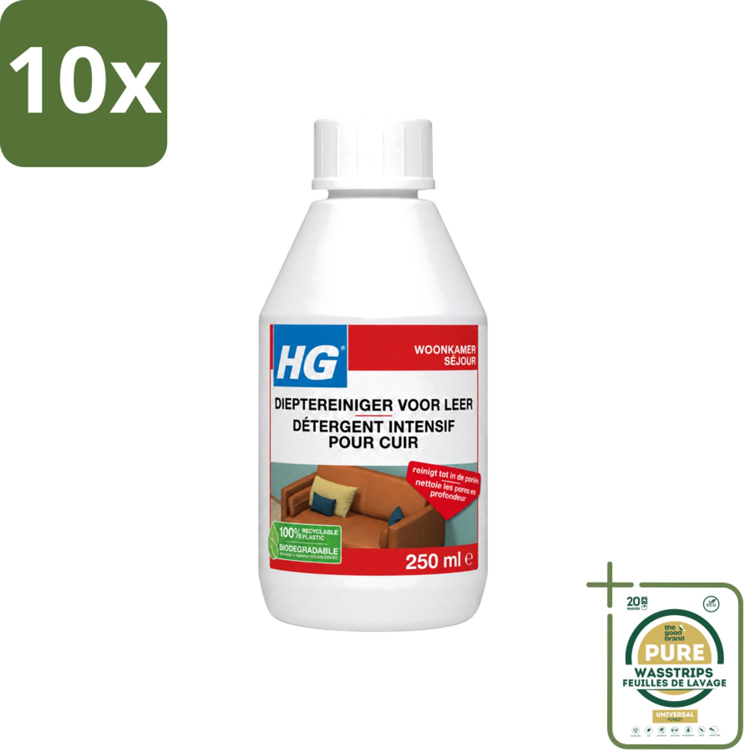 10 x HG - Dieptereiniger Voor Leer - Veilig & Milde Reiniging - 250 ml - Wasstrips - Leer Reinigen - Leer Reiniger - Diepte Reiniger - Leer Reinigen Zonder Schade - Leer Poriën Reinigen