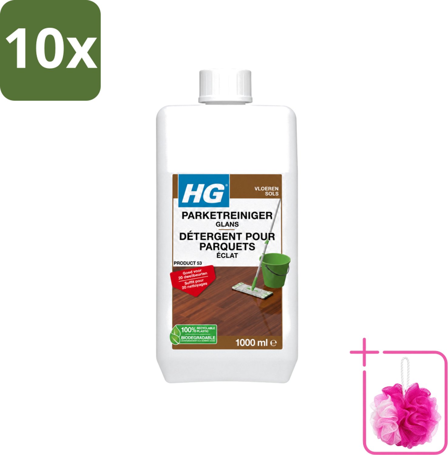 10 x HG - Vloeren - Parketreiniger Glans - 20 Dweilbeurten - 1L - Bulkverpakking - Parket reinigen - Douchemop - Parket glans herstellen