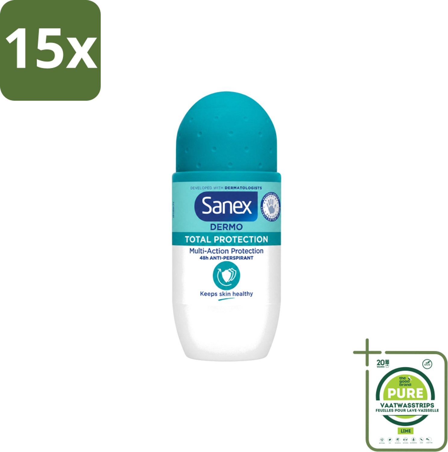 15 x Sanex – Deodorant Roll-On – Dermo Total Protection – 50 ml - Grootverpakking - Vaatwasstrips - Douche - Deodorant Roll-on - Zweetvermindering - Geurvermindering - Huidbescherming