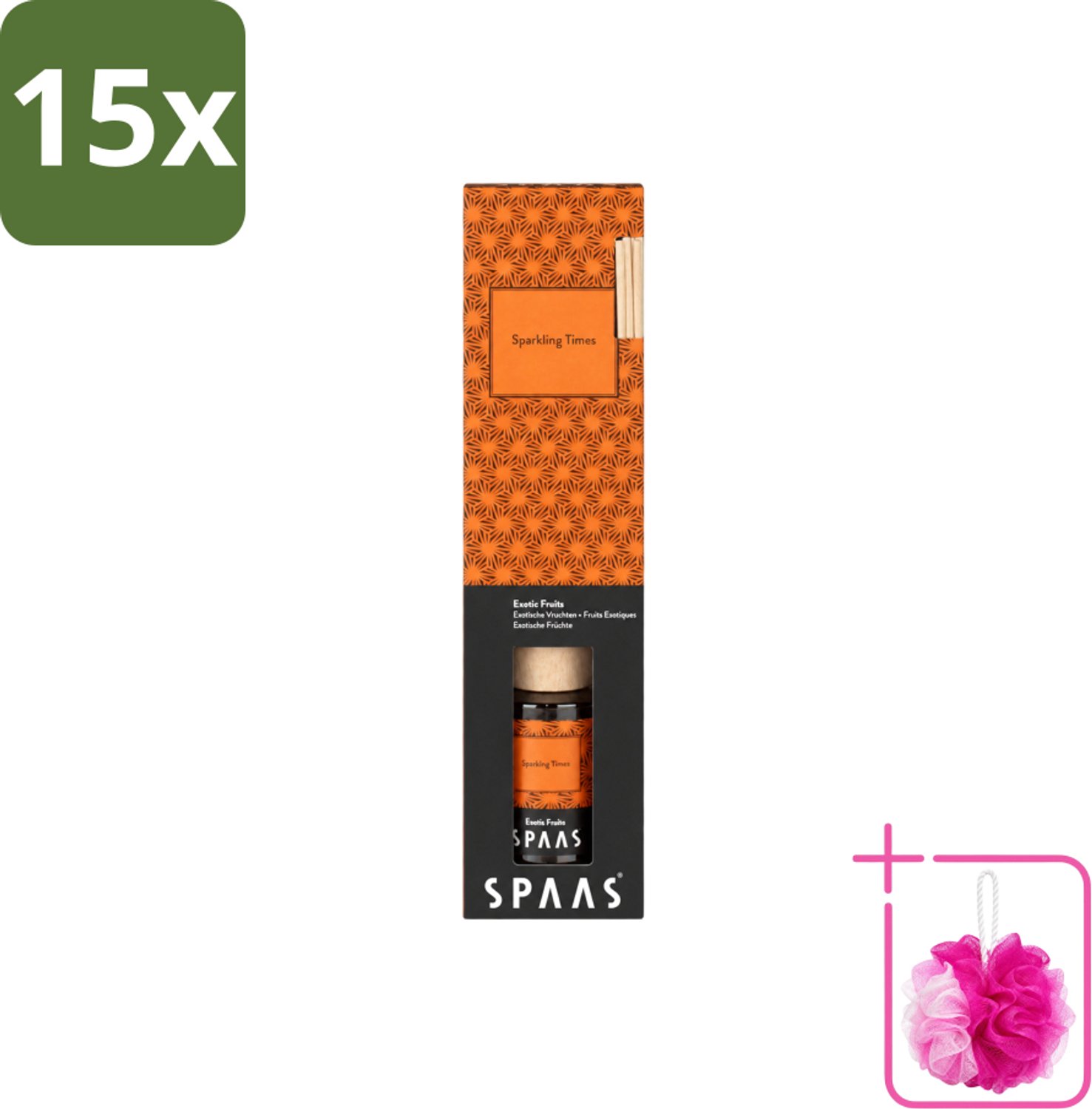 15 x Spaas - Geurstokjes - Sparkling Times - Exotische Vruchten - 80 ml - Bulkverpakking - Geurstokjes - Douchemop - Exotische geur