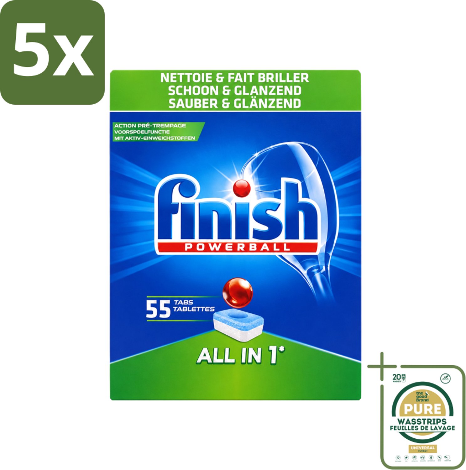 5 x Finish Powerball - All in 1 - Vaatwastabletten - Schoon & Glans - 55 Tabletten - Wasstrips - Vaatwasmiddel - Vaatwastablet - Vaat Reinigen - Glans Behouden - Vaat Reinigen Zonder Voor Spoelen