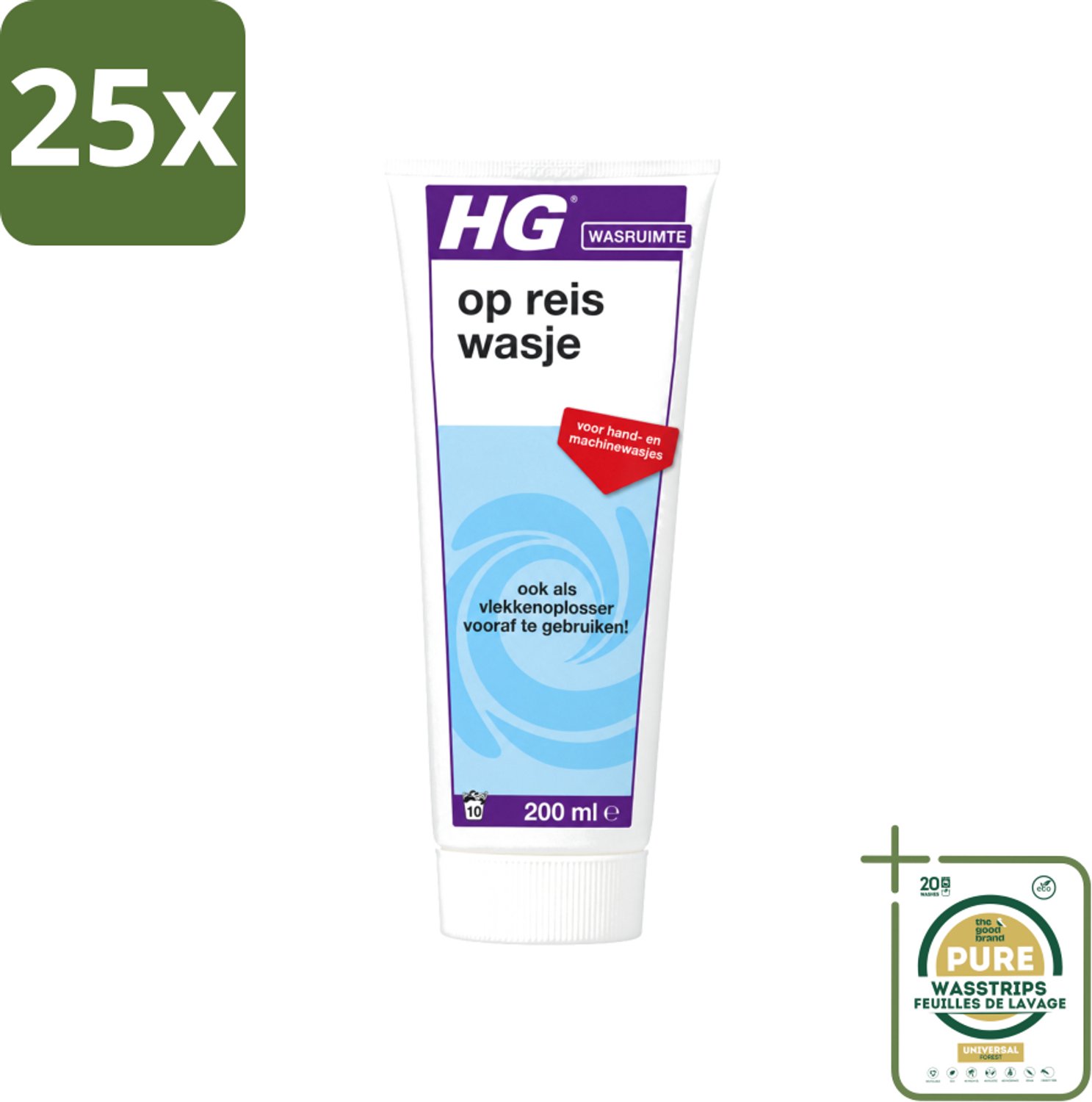 25 x HG - Wasruimte - Op-Reis-Wasje - Voor Hand & Machine Wasjes - 200 ml - Wasstrips - Op Reis Wasmiddel - Wasmiddel Voor Reizen - Wasmiddel Met Wasverzachter - Wasmiddel Voor Vlekken - Handwas