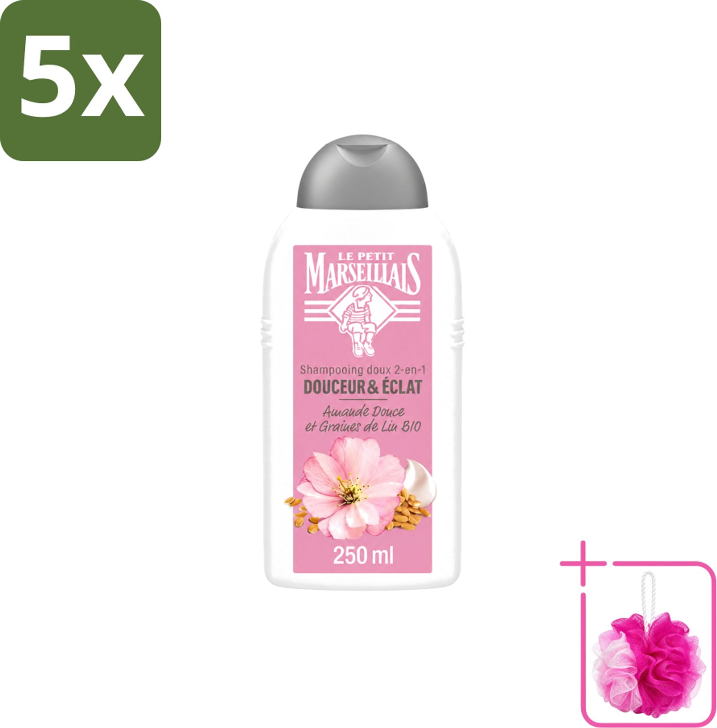 5 x Le Petit Marseillais – Shampoo – Amande Douce & Graines de Lin Bio – 250 ml - Bulkverpakking - Shampoo Amande Douce - Douchemop - Shampoo Linzaad