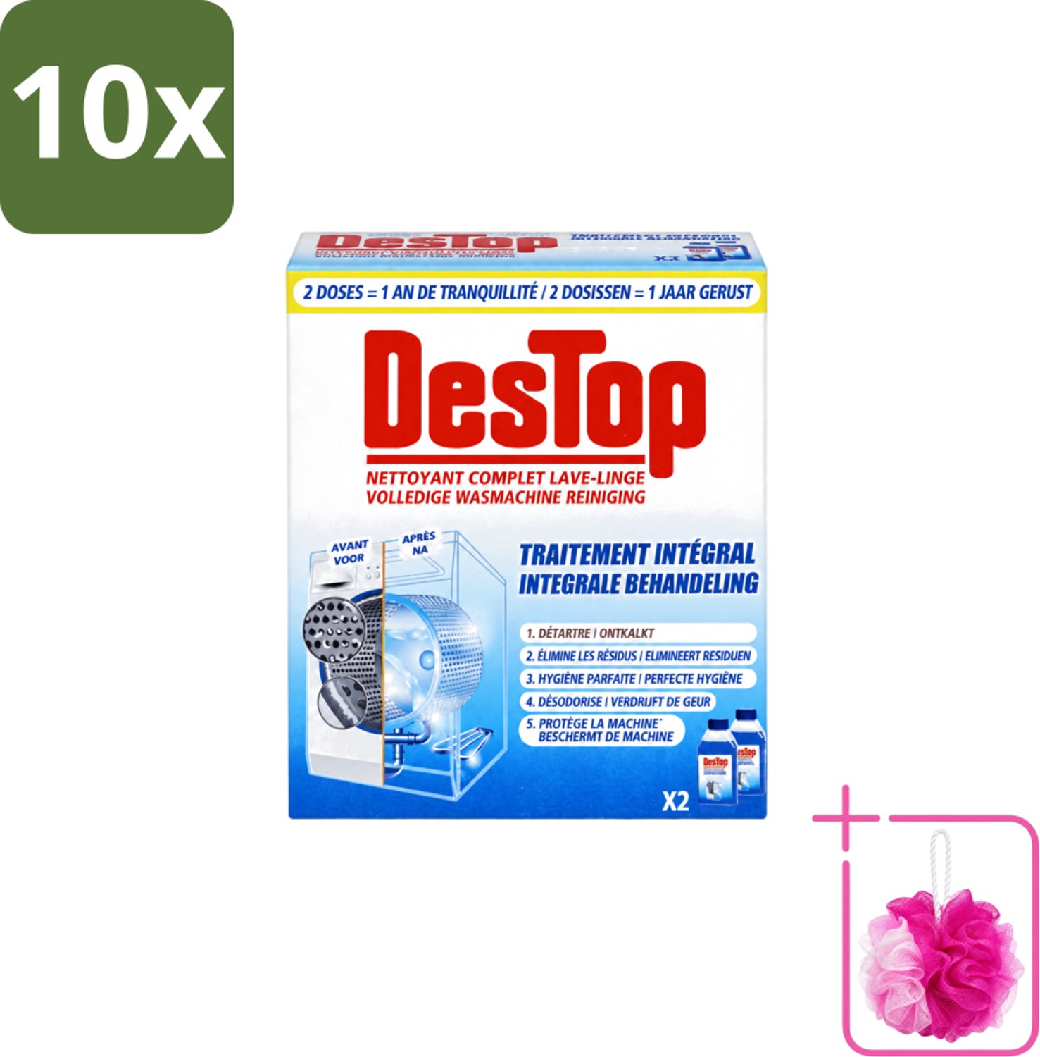 10 x Destop - Wasmachine reiniger - Integrale Behandeling - Duopack - Bulkverpakking - Wasmachine reiniger - Douchemop - Kalk verwijderen