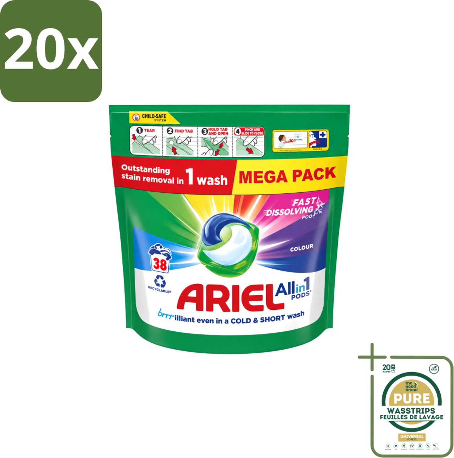 20 x Ariel – Pods All-in-1 – Color – 38 wasbeurten - Wasstrips - Kleurbehoud Wasmiddel - Gekleurde Was - Ariel Pods Color - Wasmiddel Voor Gekleurde Kleding - Kleurvervaging Voorkomen