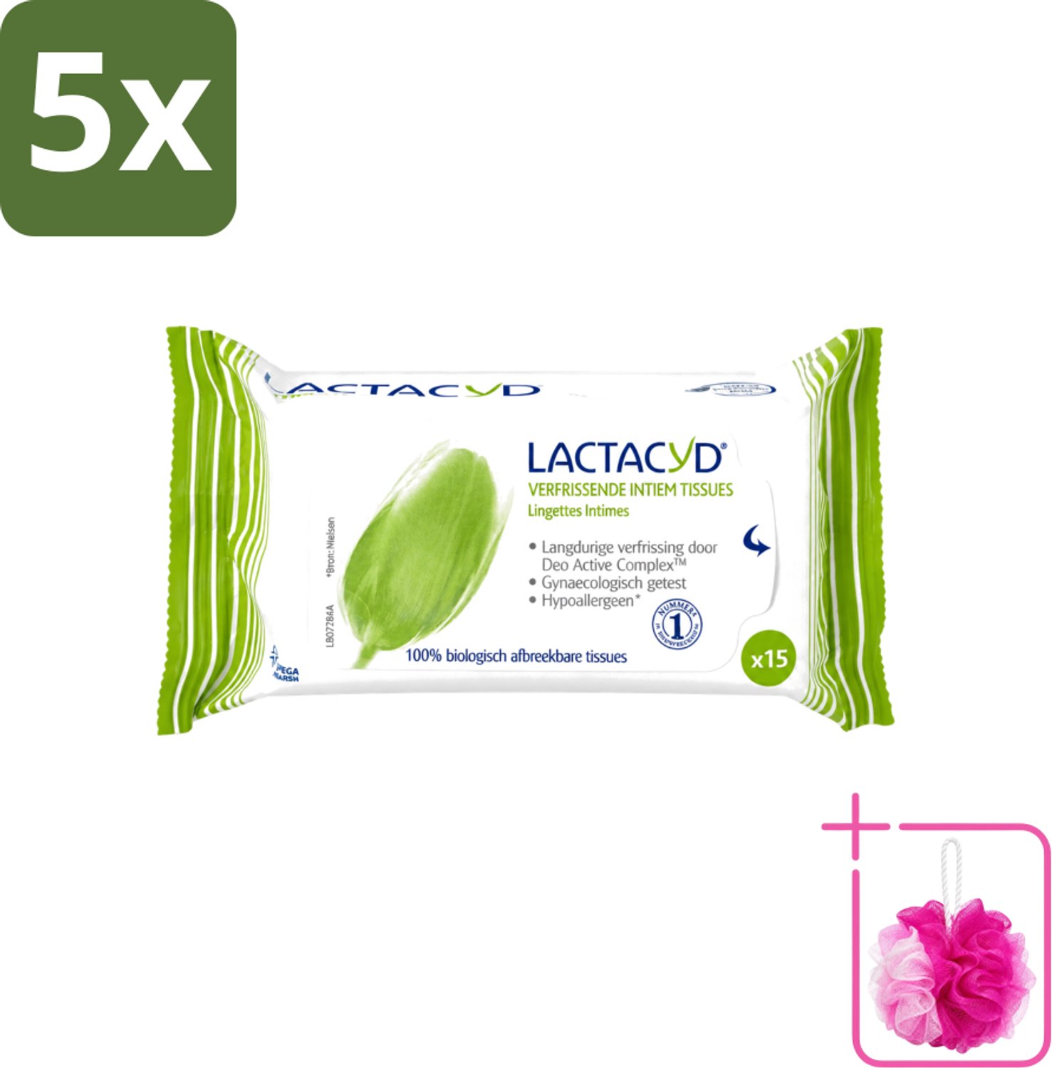 5 x Lactacyd - Intieme Doekjes - Verfrissend - Zeepvrij - Biologisch Afbreekbaar - 15 Doekjes - Bulkverpakking - Intieme doekjes - Douchemop - Verfrissend