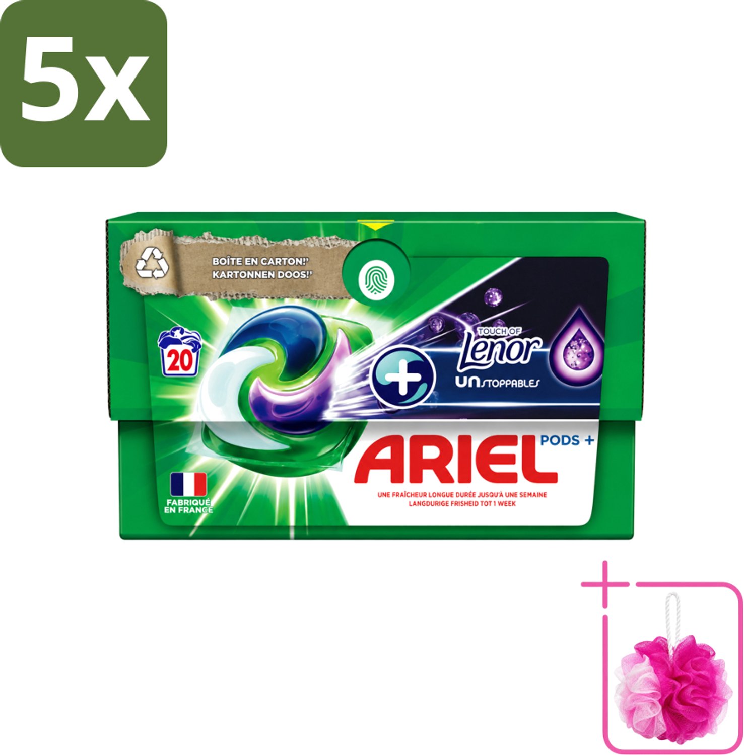 5 x Ariel Original - Touch of Lenor Unstoppables - Wasmiddelcapsules - Pods+ - Witte en Gekleurde Was - 20 Wasbeurten - Bulkverpakking - Wasmiddelcapsules - Douchemop - Reiniging